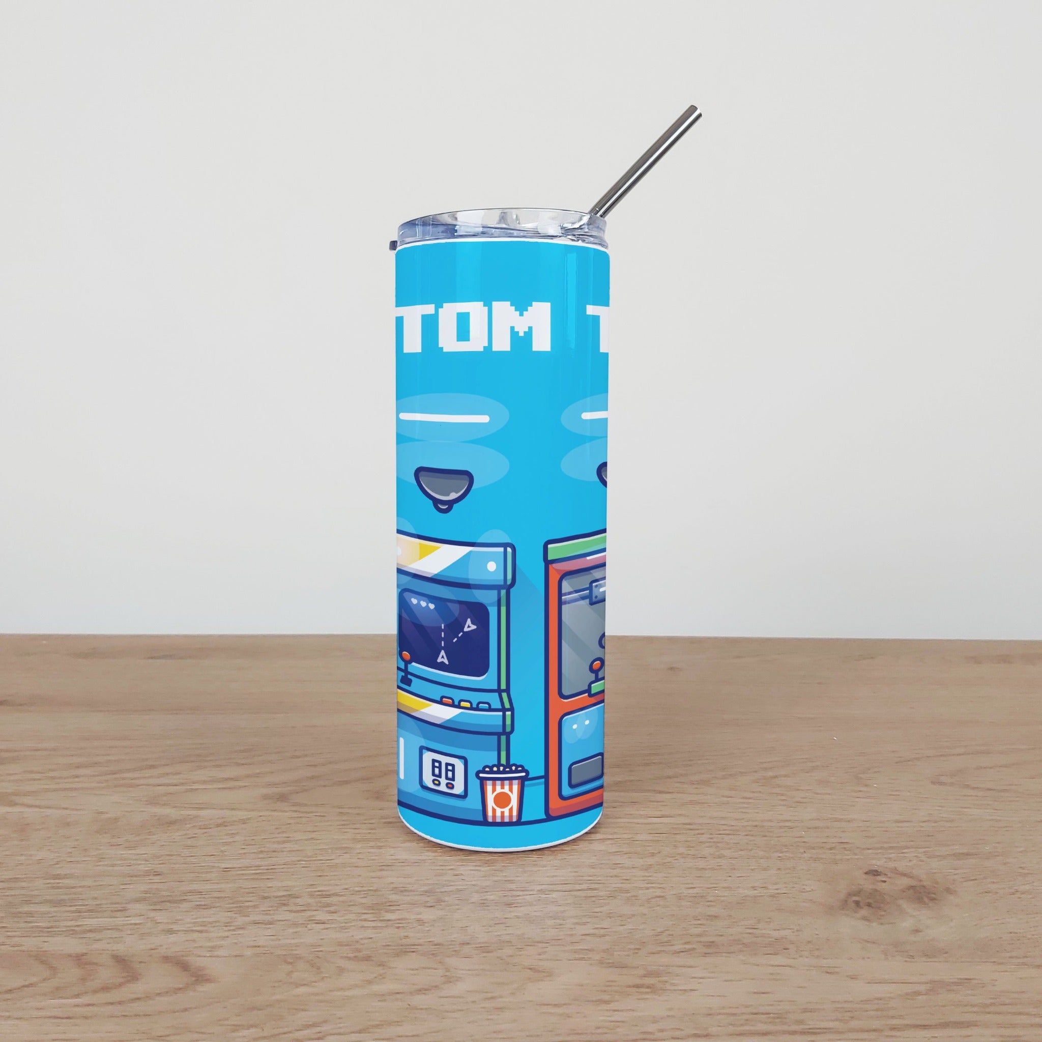 Personalised Stainless Steel Skinny Tumbler & Straw with Gaming Arcade Design