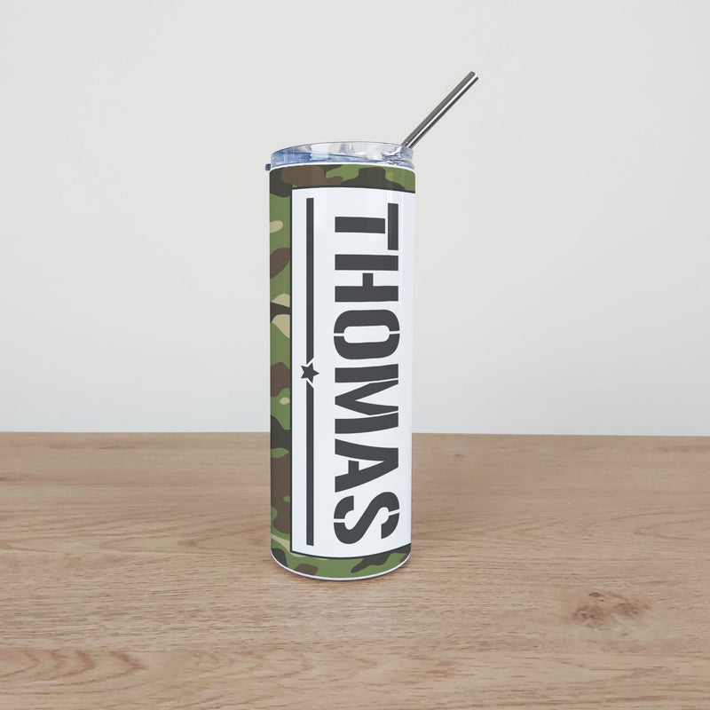 Personalised Stainless Steel Skinny Tumbler & Straw with Camouflage Army Design