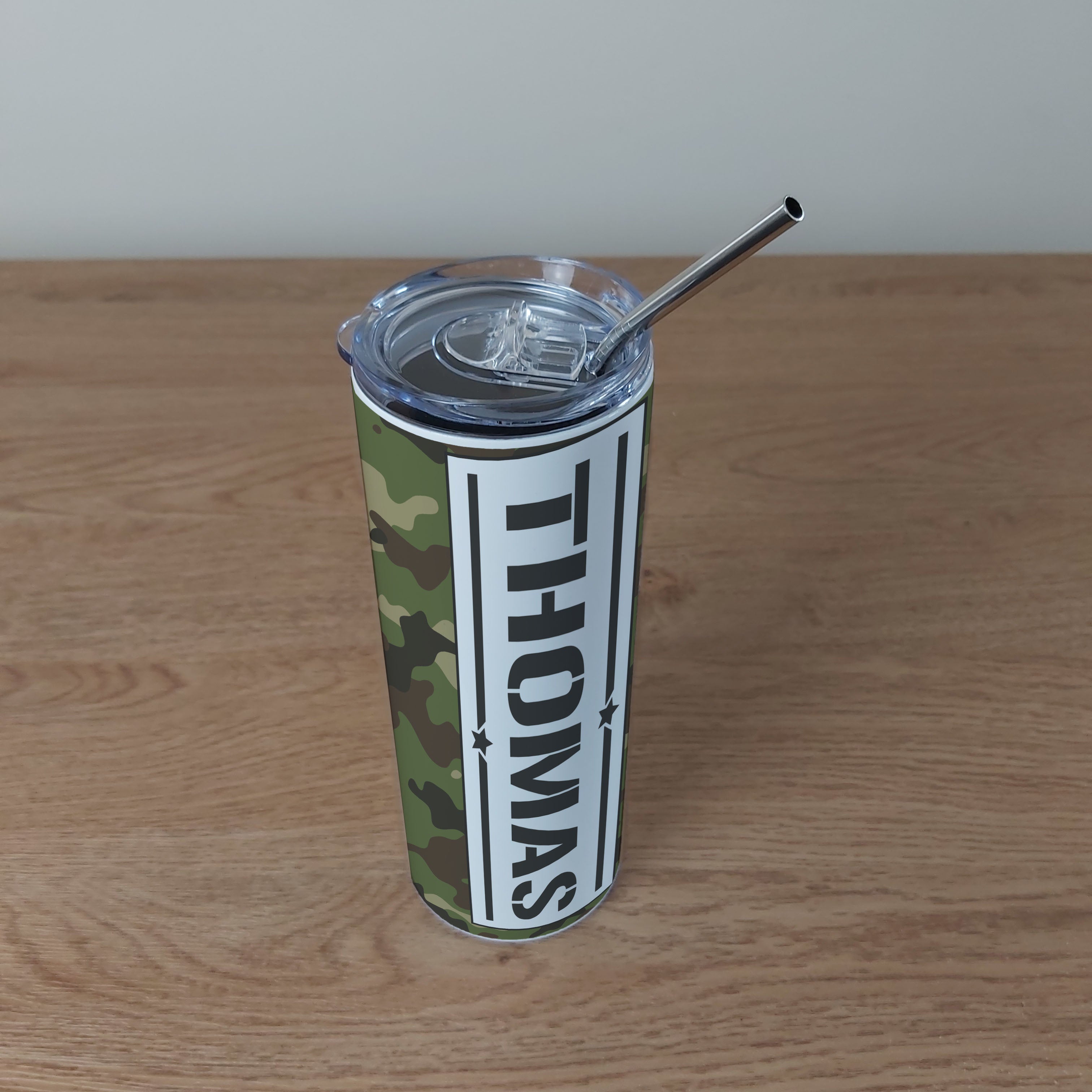 Personalised Stainless Steel Skinny Tumbler & Straw with Camouflage Army Design