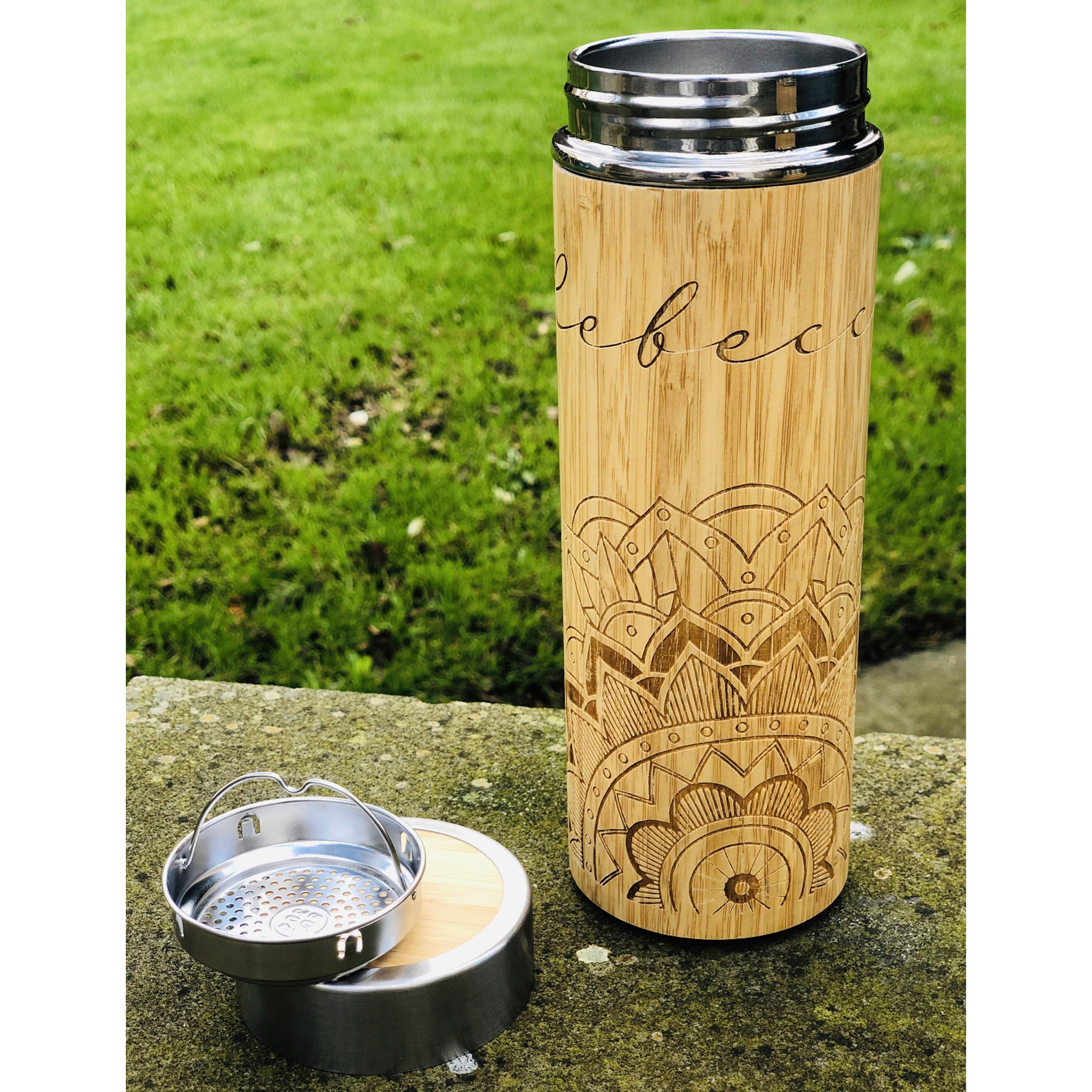 Personalised Engraved Mandala Bamboo Wooden Thermal Bottle with Tea Infuser