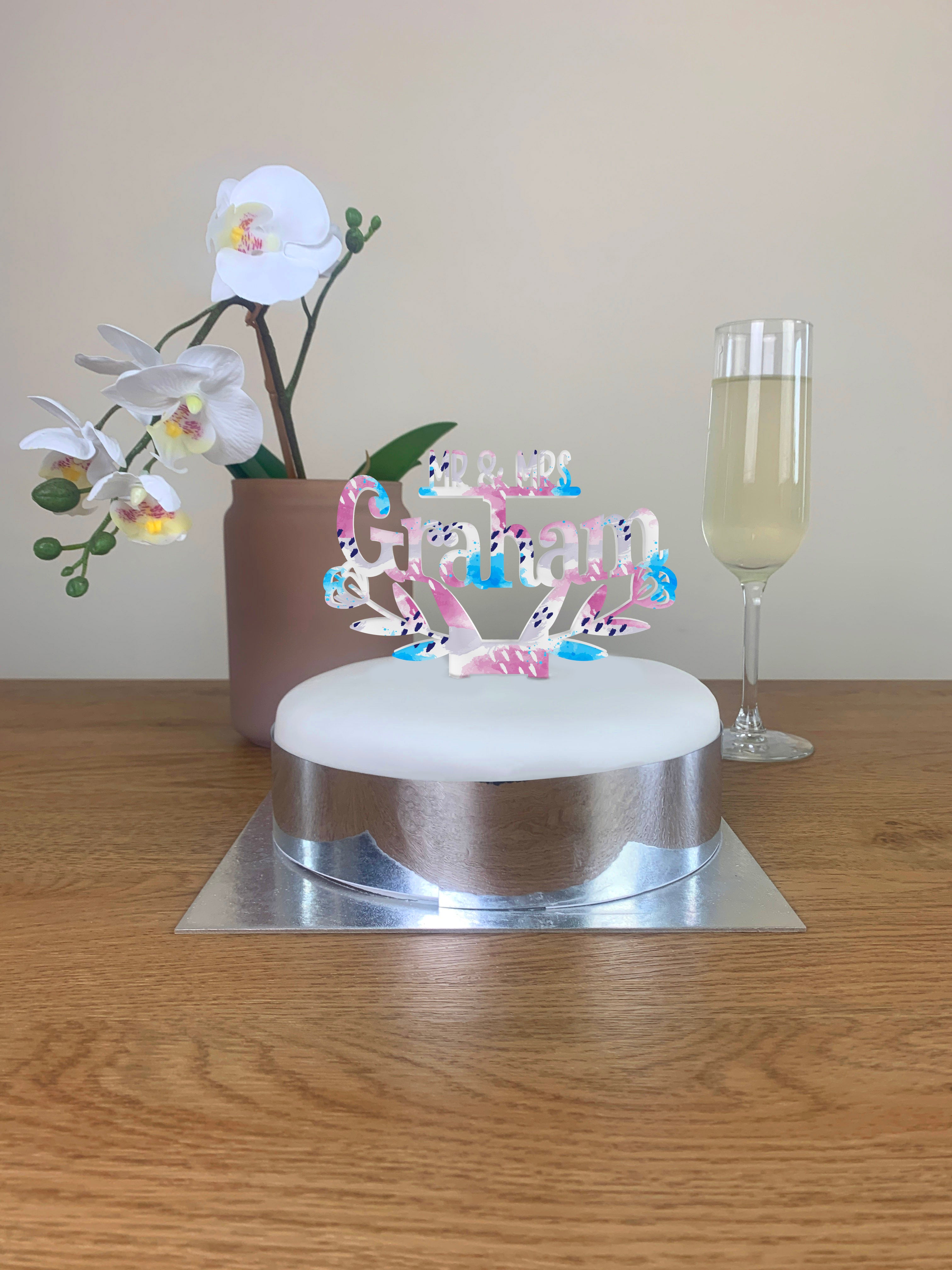 Personalised Perspex Fancy Flowers Wedding Cake Topper