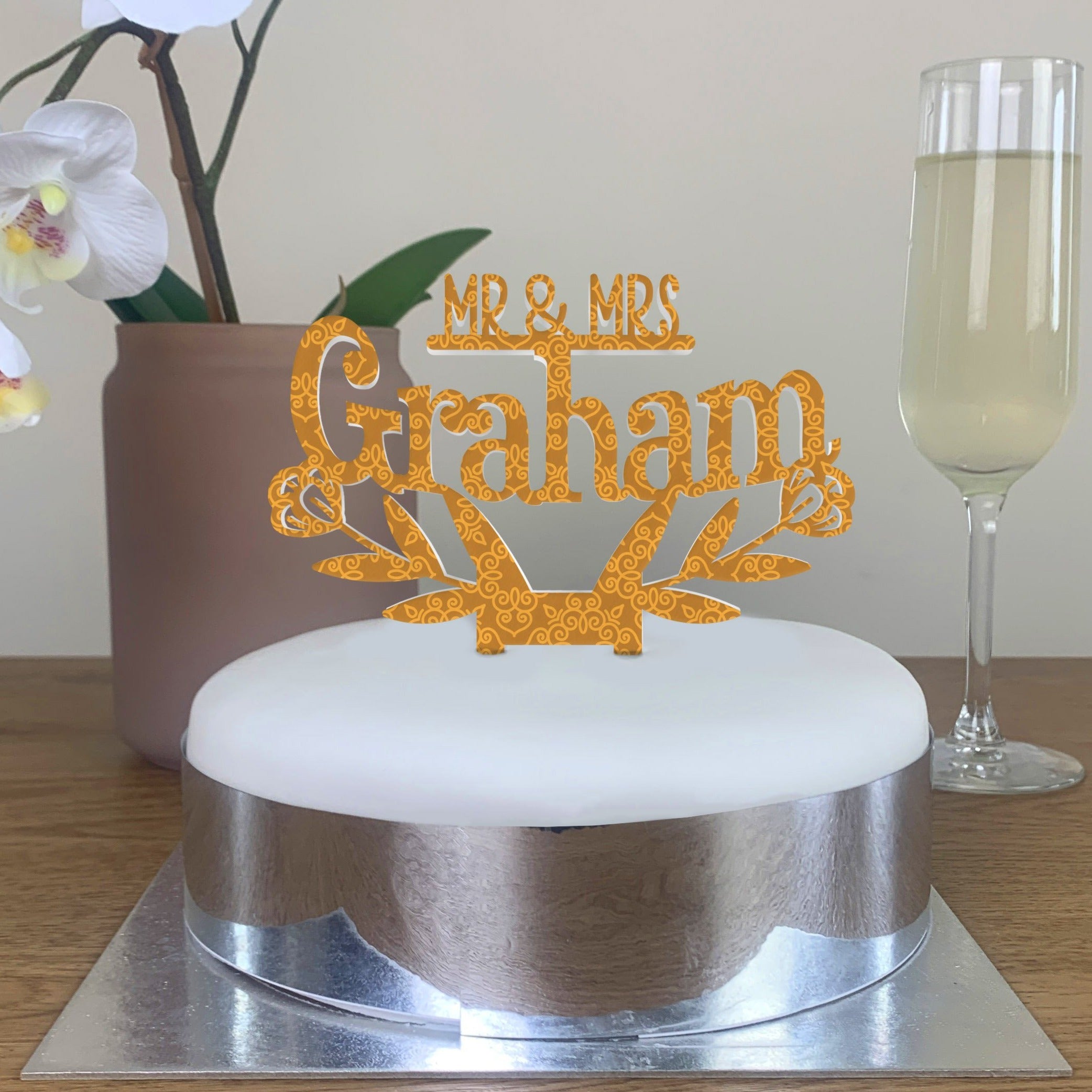 Personalised Perspex Fancy Flowers Wedding Cake Topper