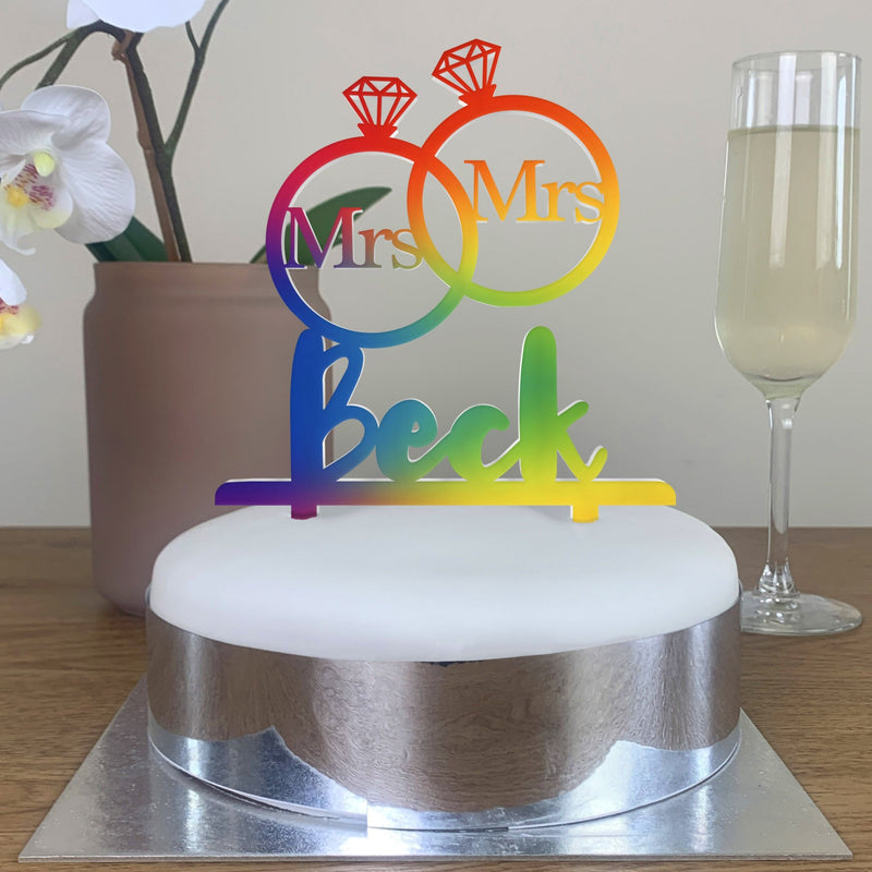 Personalised Perspex Mrs and Mrs Rings Pride Wedding Cake Topper