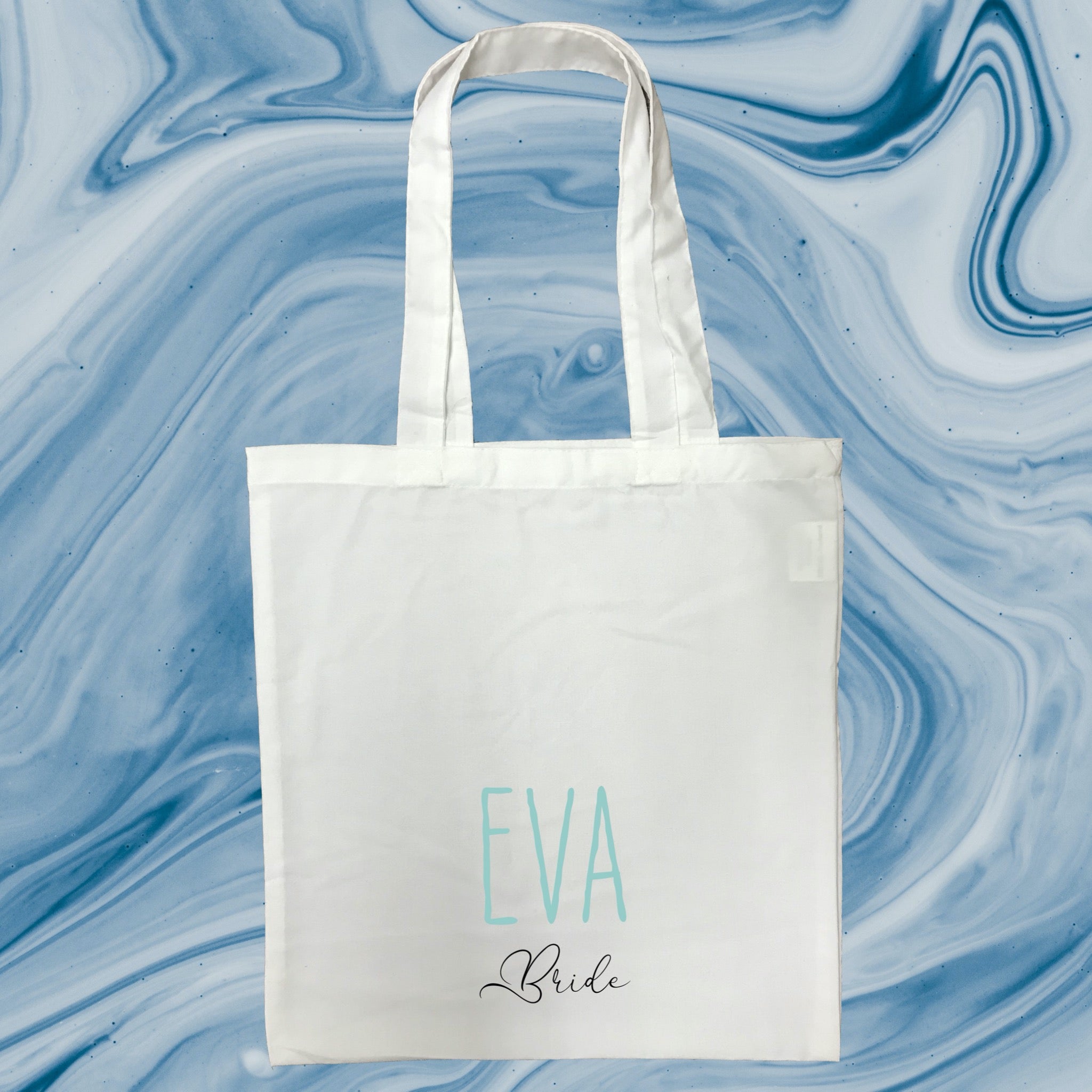 Personalised Bride White Tote Bag with Blue Text