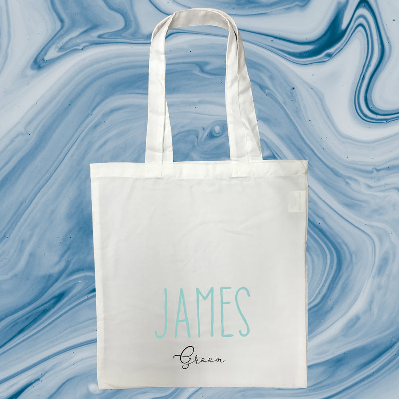 Groom Personalised White Tote Bag with Blue Text