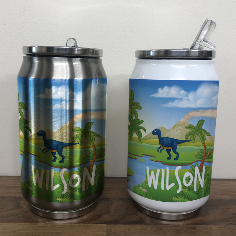 Personalised Children's Blue Dinosaur 280ml Stainless Steel Drinks Can