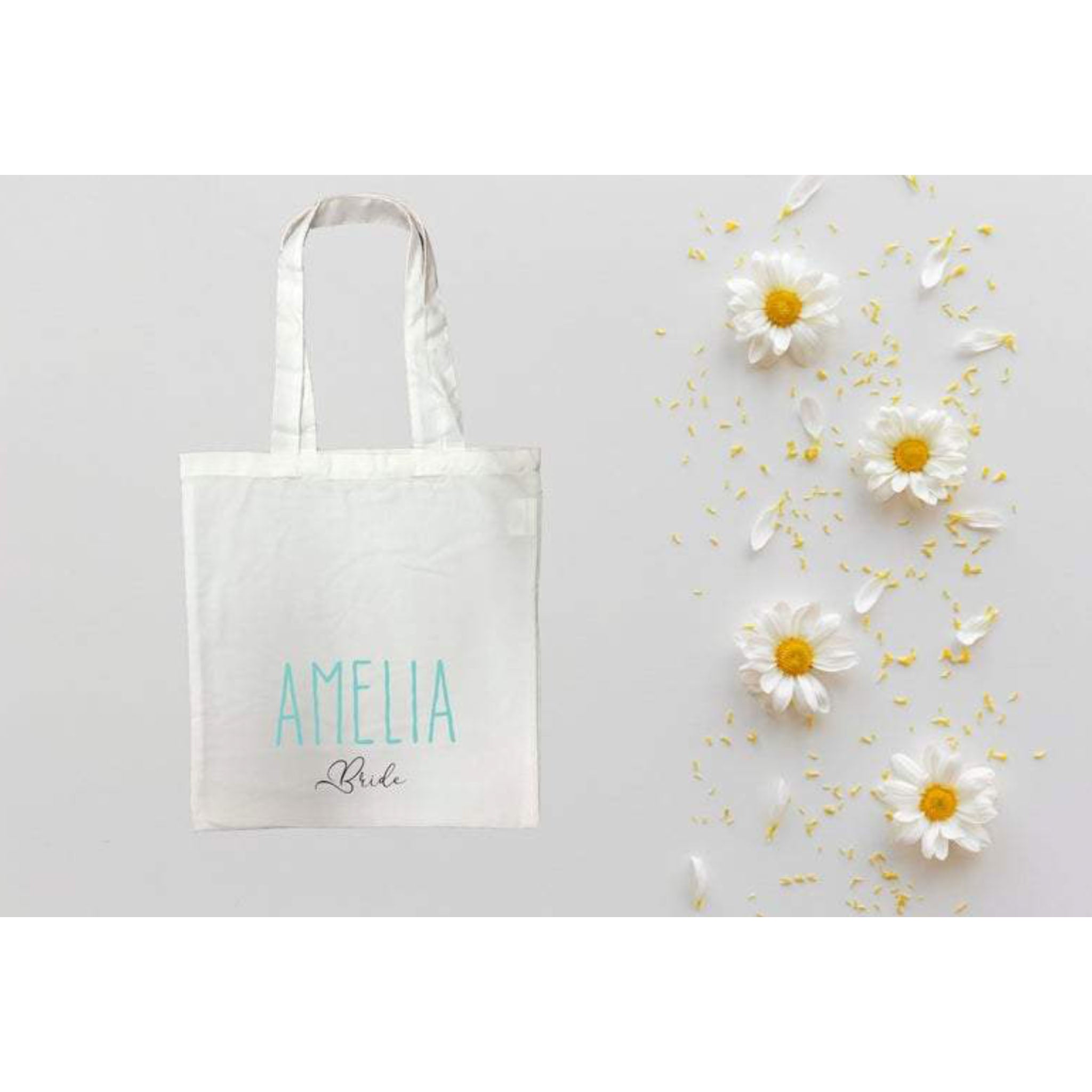 Personalised Bride White Tote Bag with Blue Text