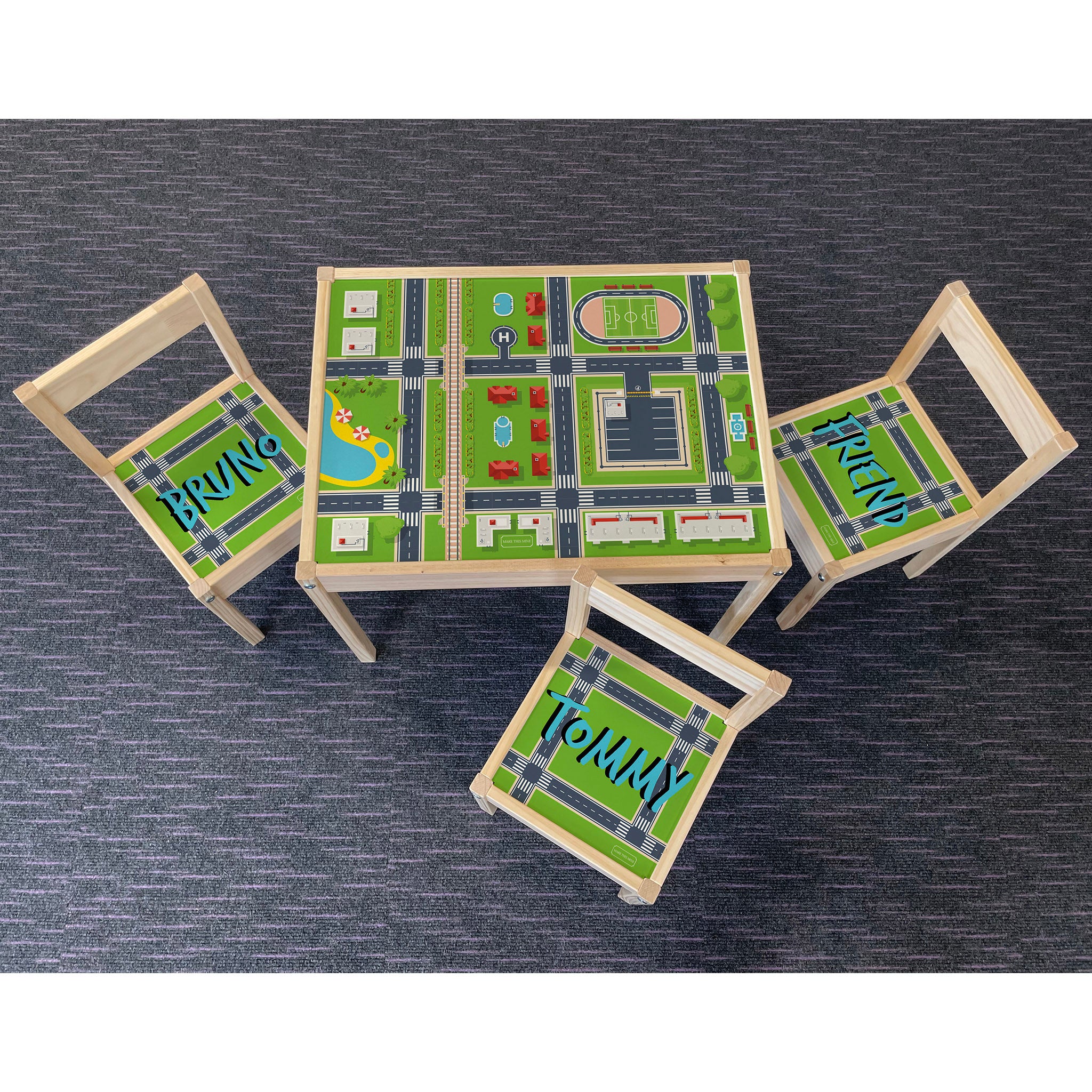 Personalised Children's Table and 3 Chairs Printed City Town Design