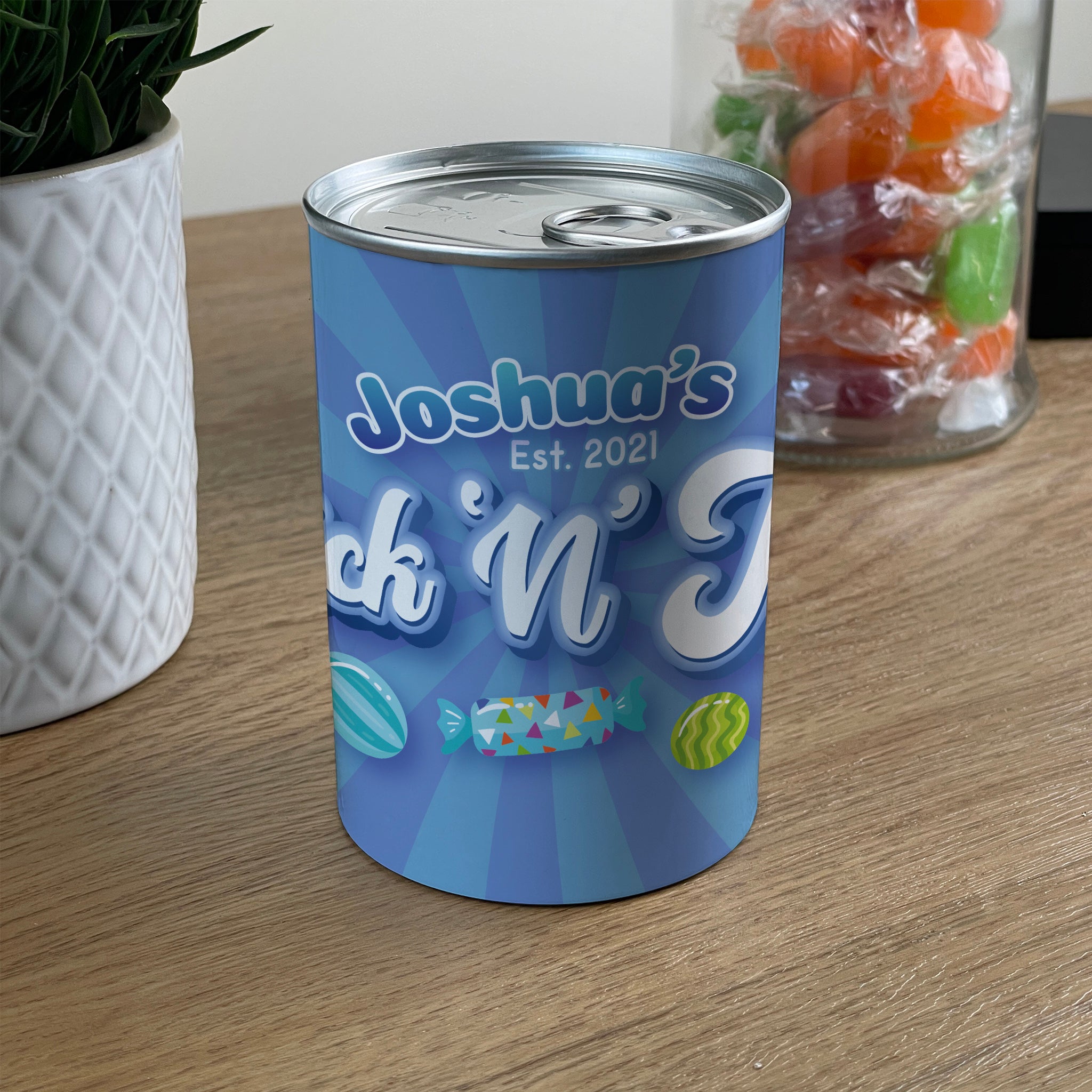 Personalised Pick & Mix Sweets Tin Can with Blue Swirl Design