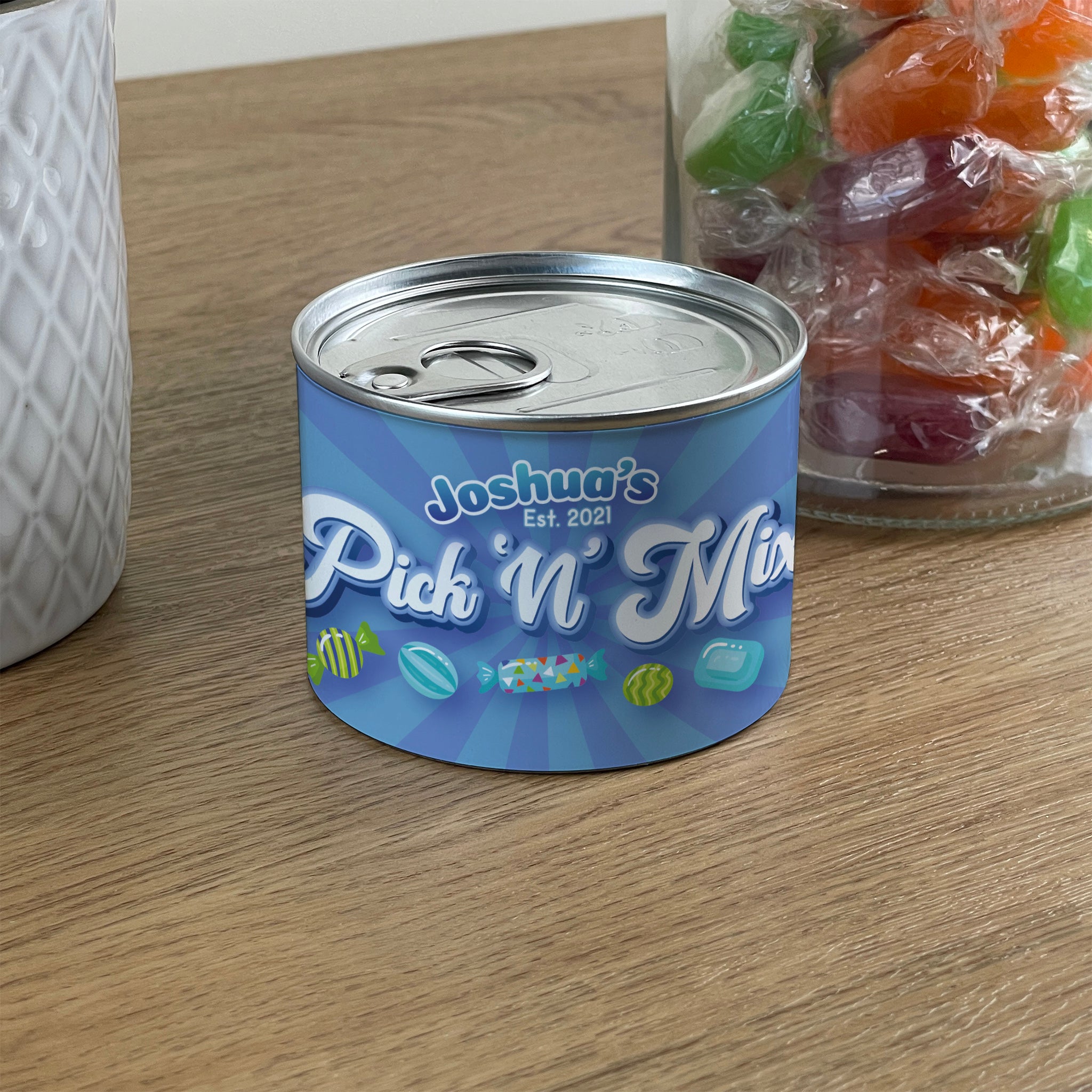 Personalised Pick & Mix Sweets Tin Can with Blue Swirl Design