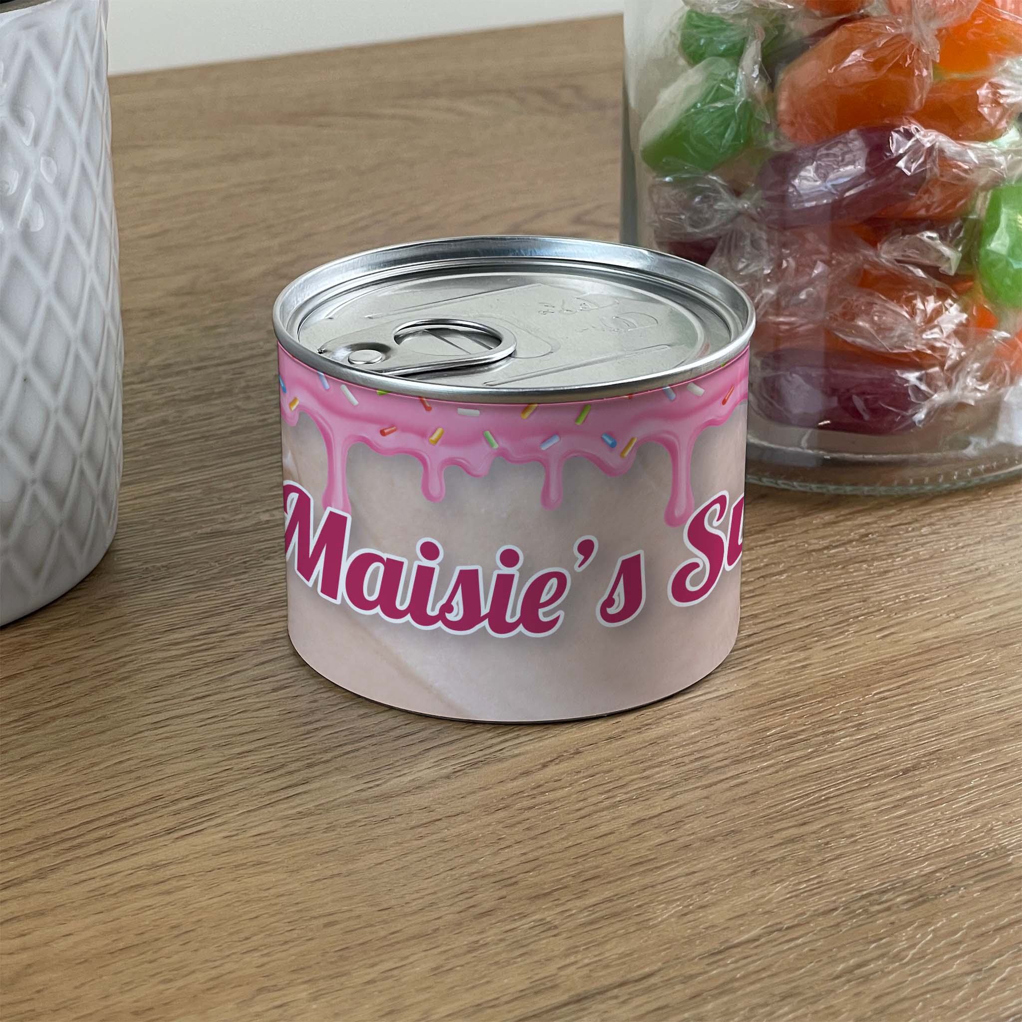 Personalised Pick & Mix Sweets Tin Can with Pink Icing Design