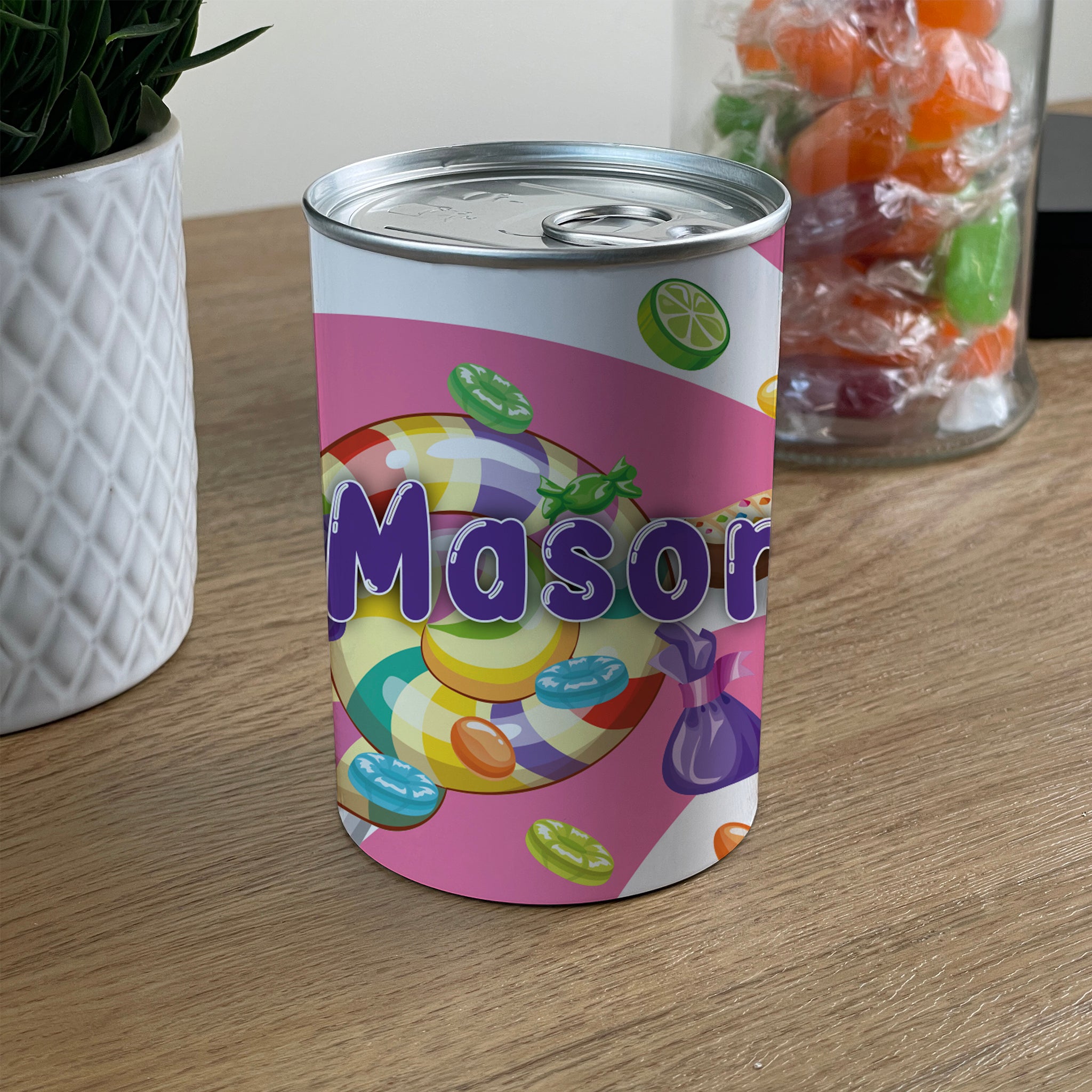 Personalised Pick & Mix Sweets Tin Can with Lollipop Swirl Design