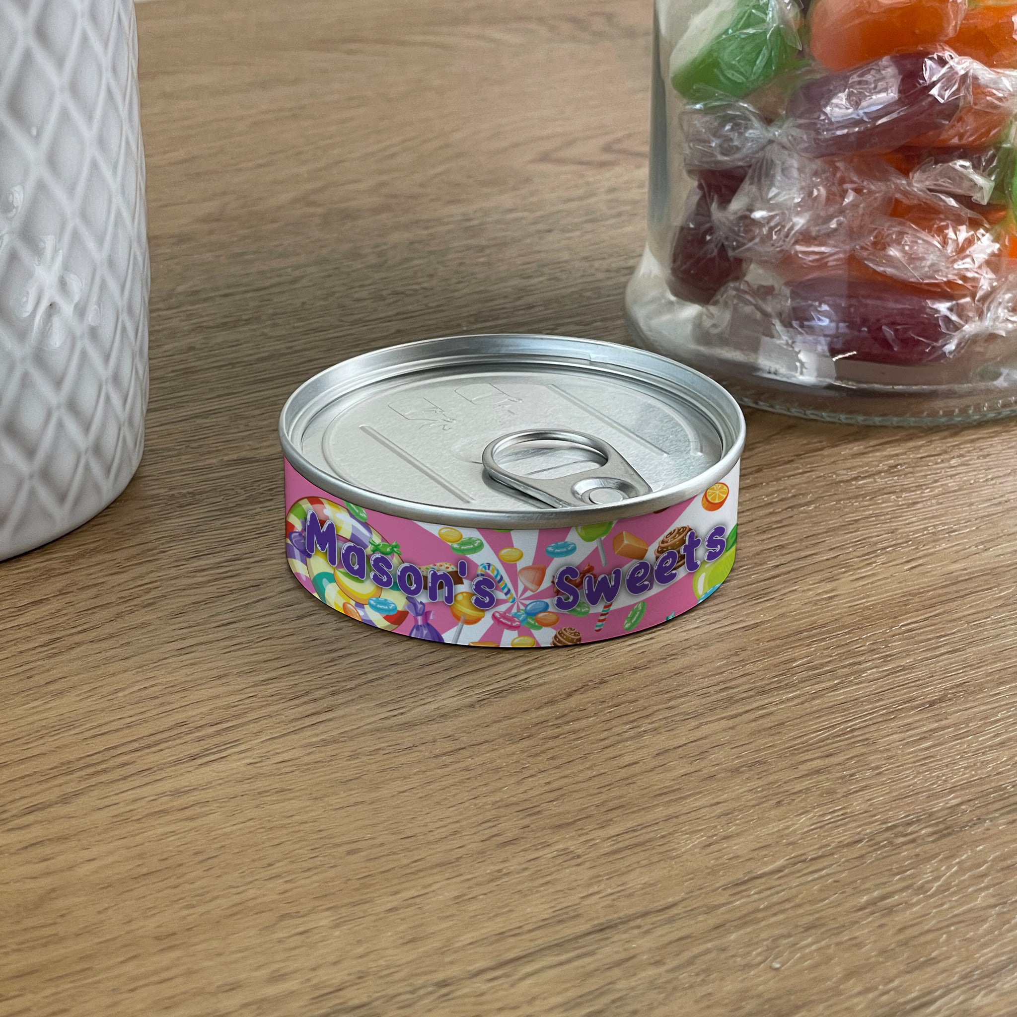 Personalised Pick & Mix Sweets Tin Can with Lollipop Swirl Design