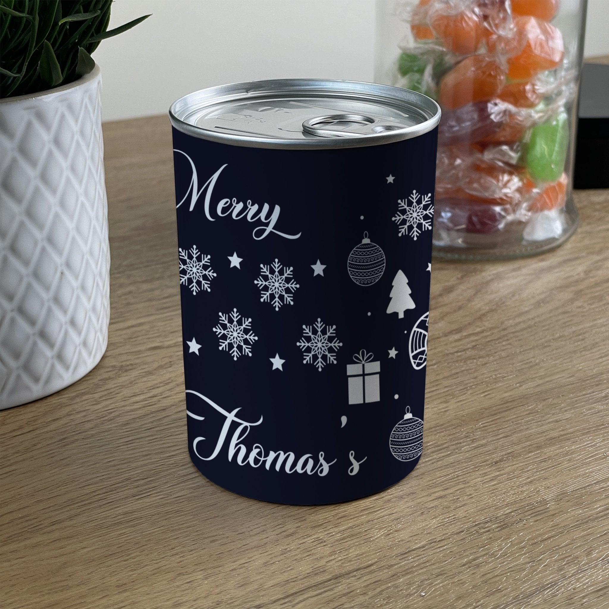 Personalised Pick & Mix Sweets Tin Can with Snowman Design