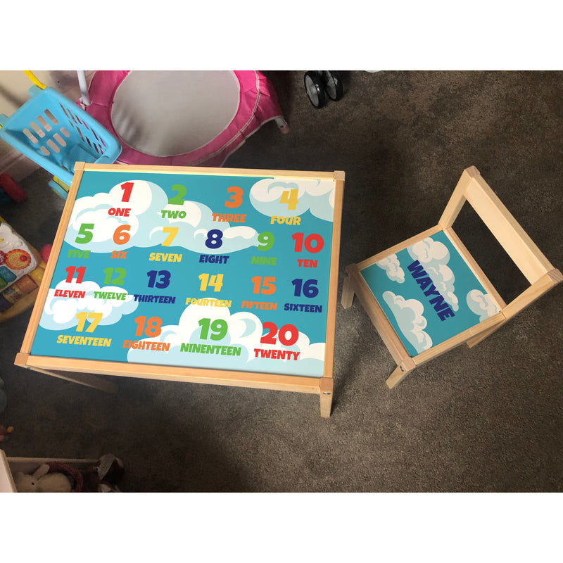 Personalised Children's Ikea LATT Wooden Table and 1 Chair Printed Cloud Numbers