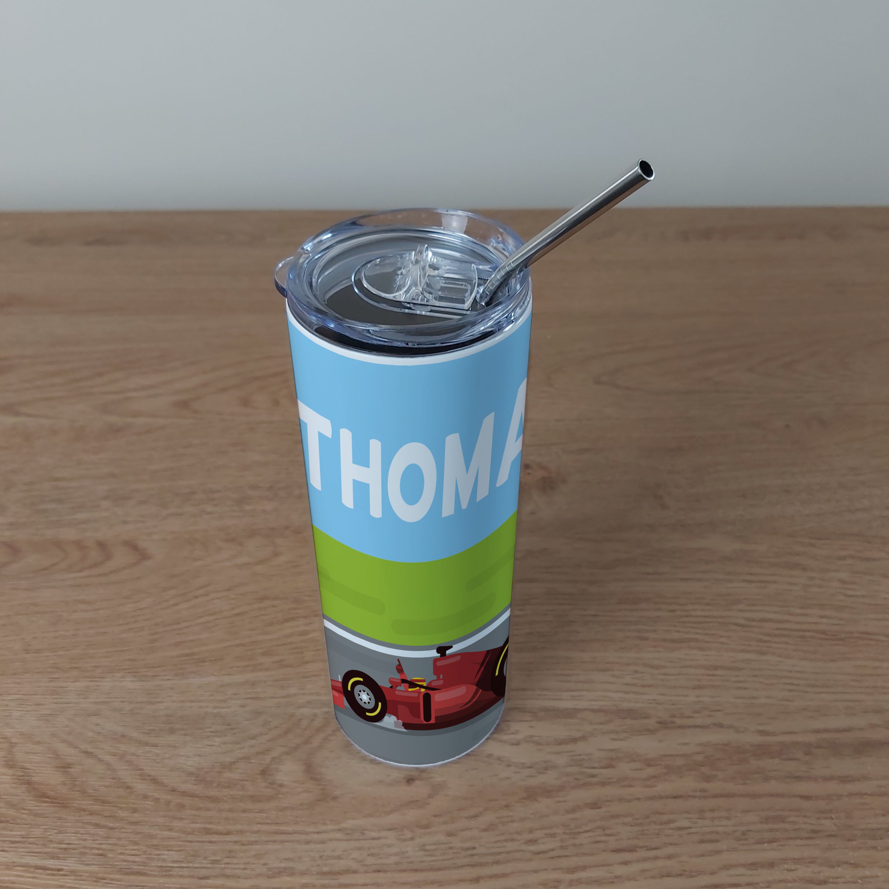 Personalised Stainless Steel Skinny Tumbler & Straw with Race Car Design