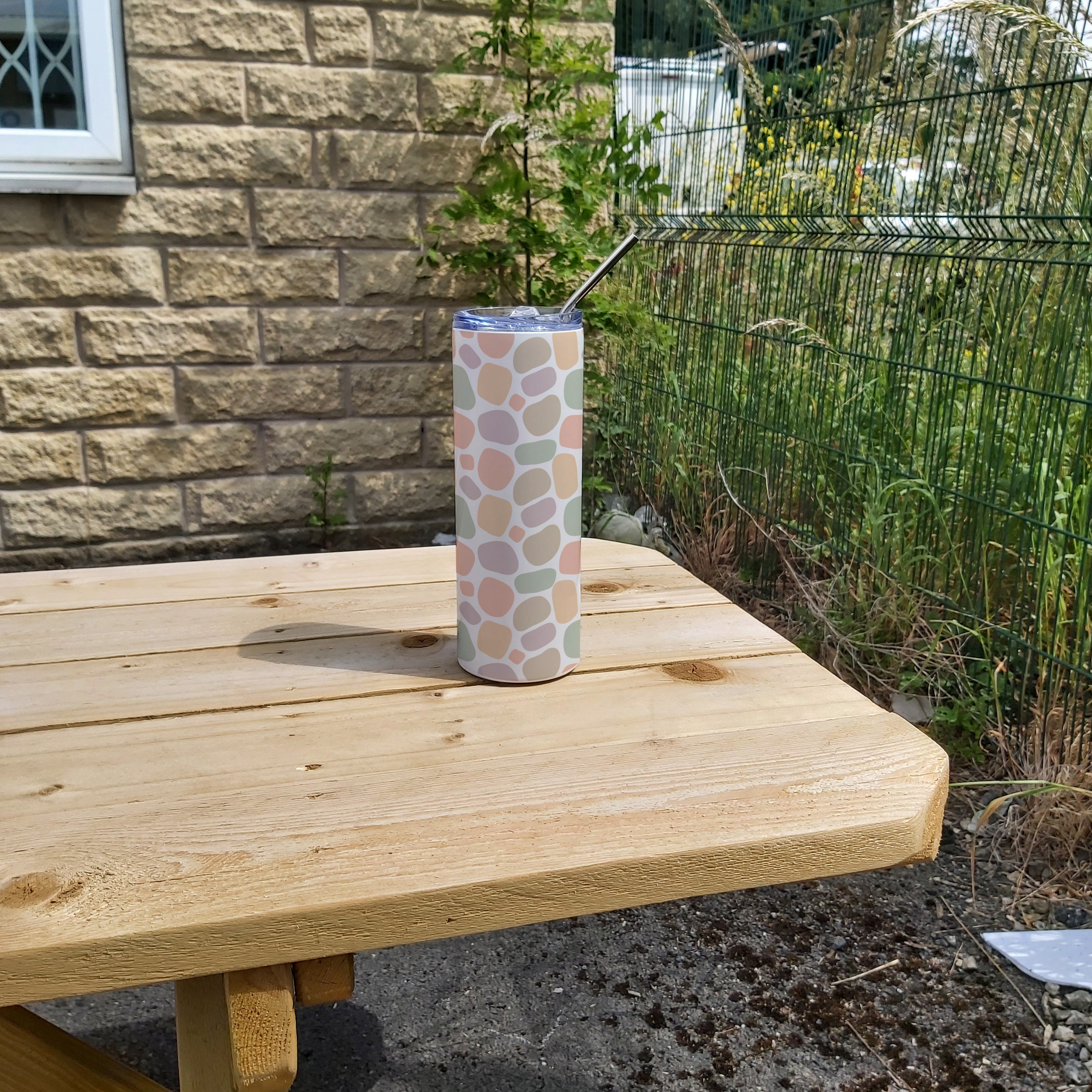 Stainless Steel Skinny Tumbler & Straw with Cobbled Pastel Colour Design