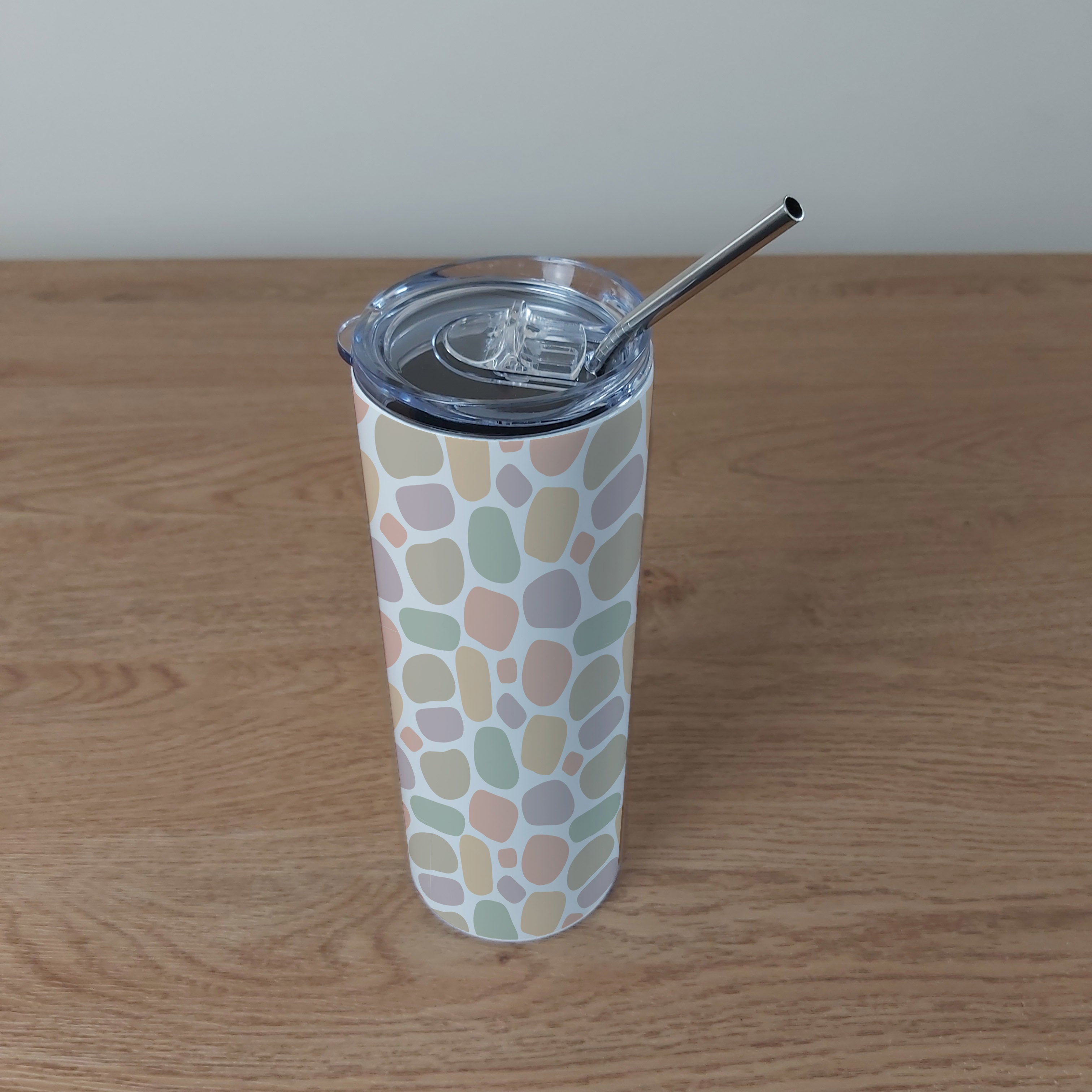 Stainless Steel Skinny Tumbler & Straw with Cobbled Pastel Colour Design