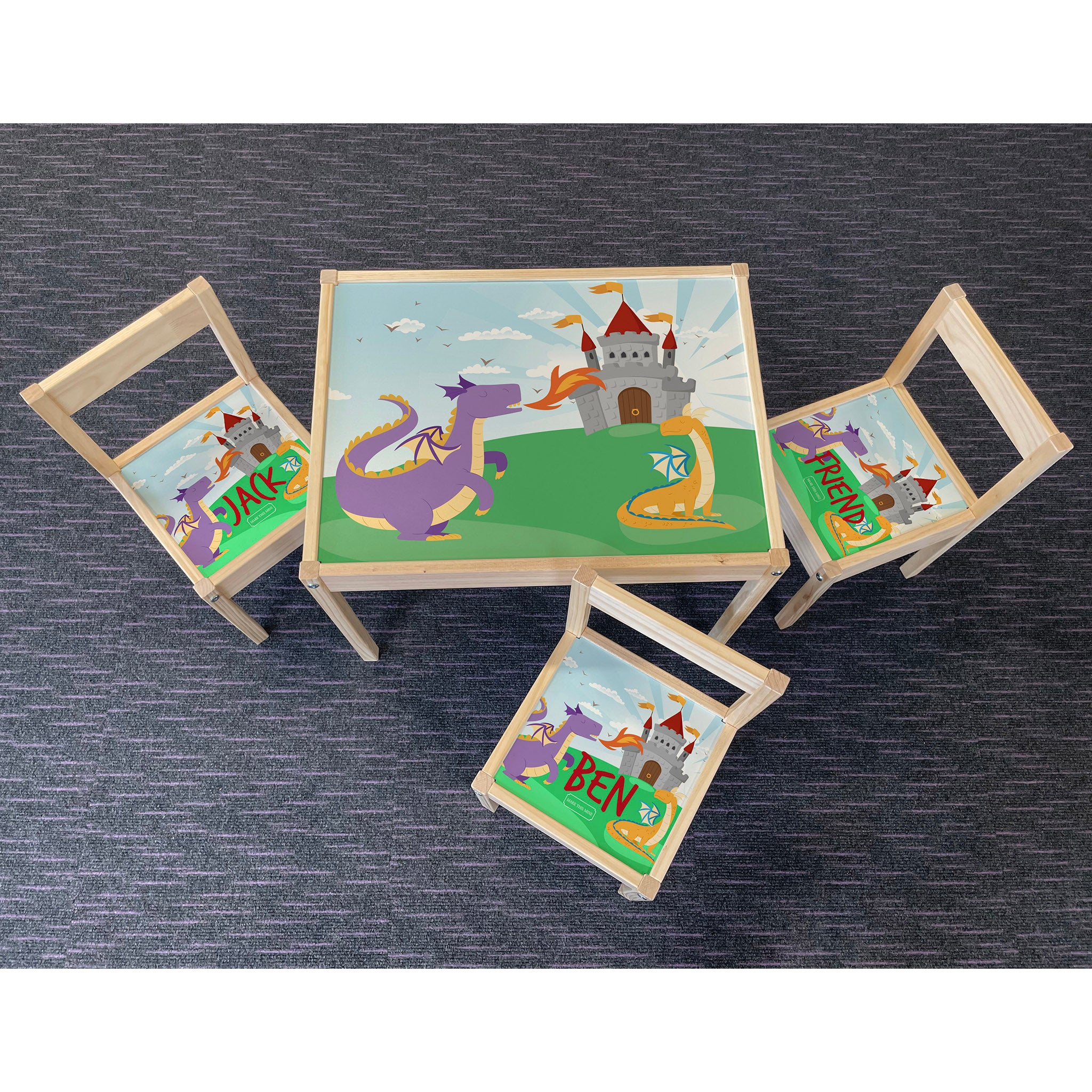 Personalised Children's Table and 3 Chairs Printed Dragon Fairytale Design