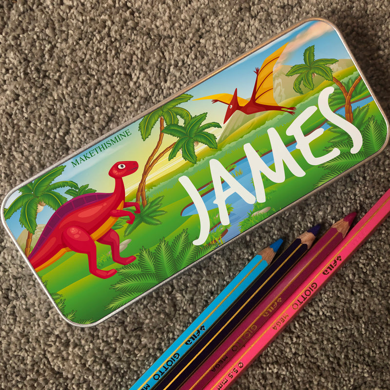 Personalised Children's Pencil Tin with Printed Dinosaur Landscape Design