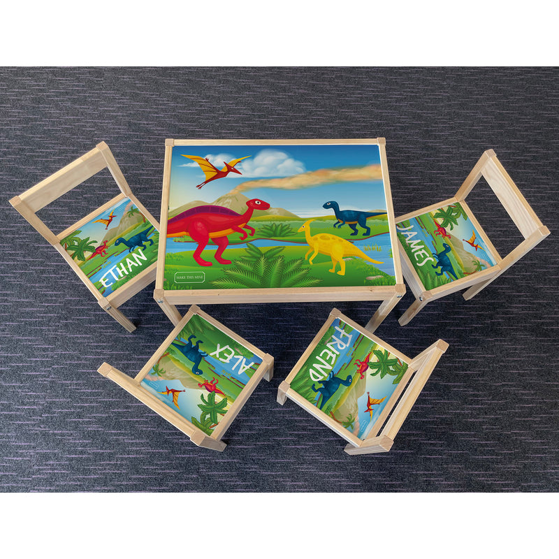 Personalised Children's Table and 4 Chairs Printed Dinosaur Landscape Design