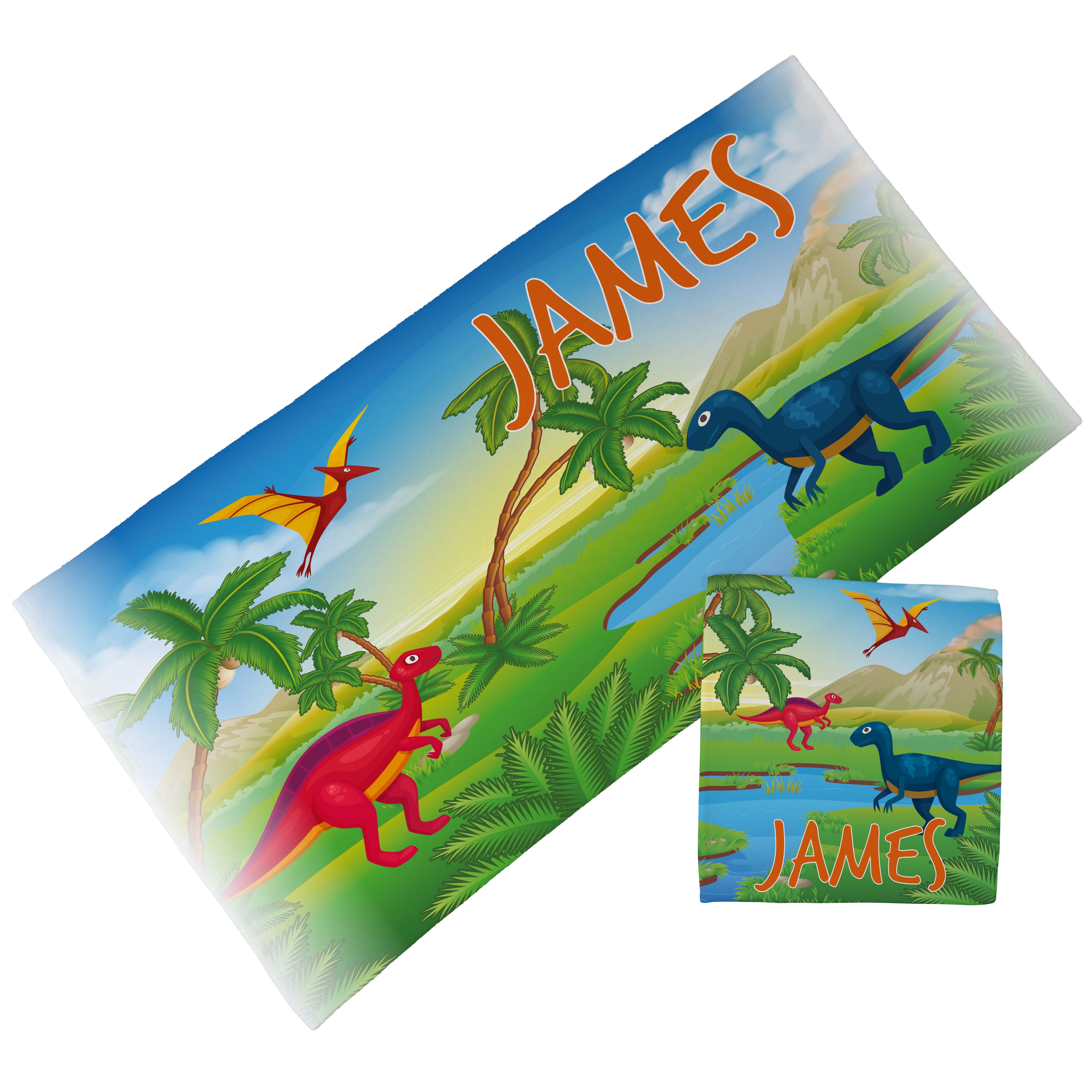 Personalised Children's Towel & Face Cloth Pack - Dinosaur Landscape