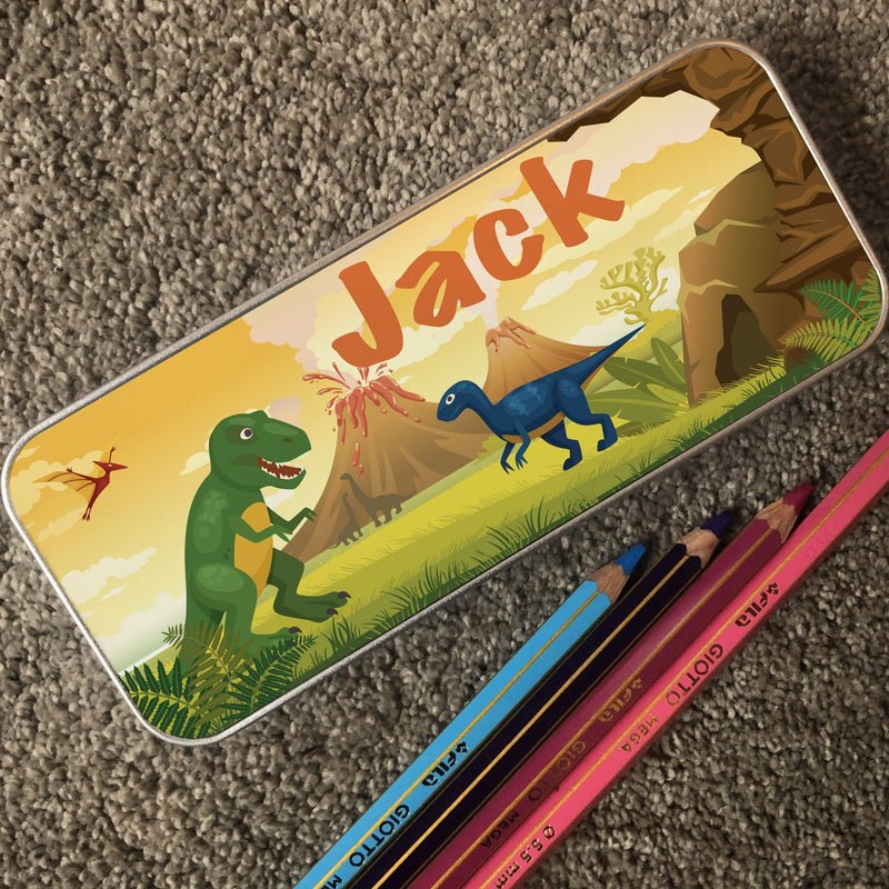 Personalised Children's Pencil Tin with Printed Dinosaur Volcano Design
