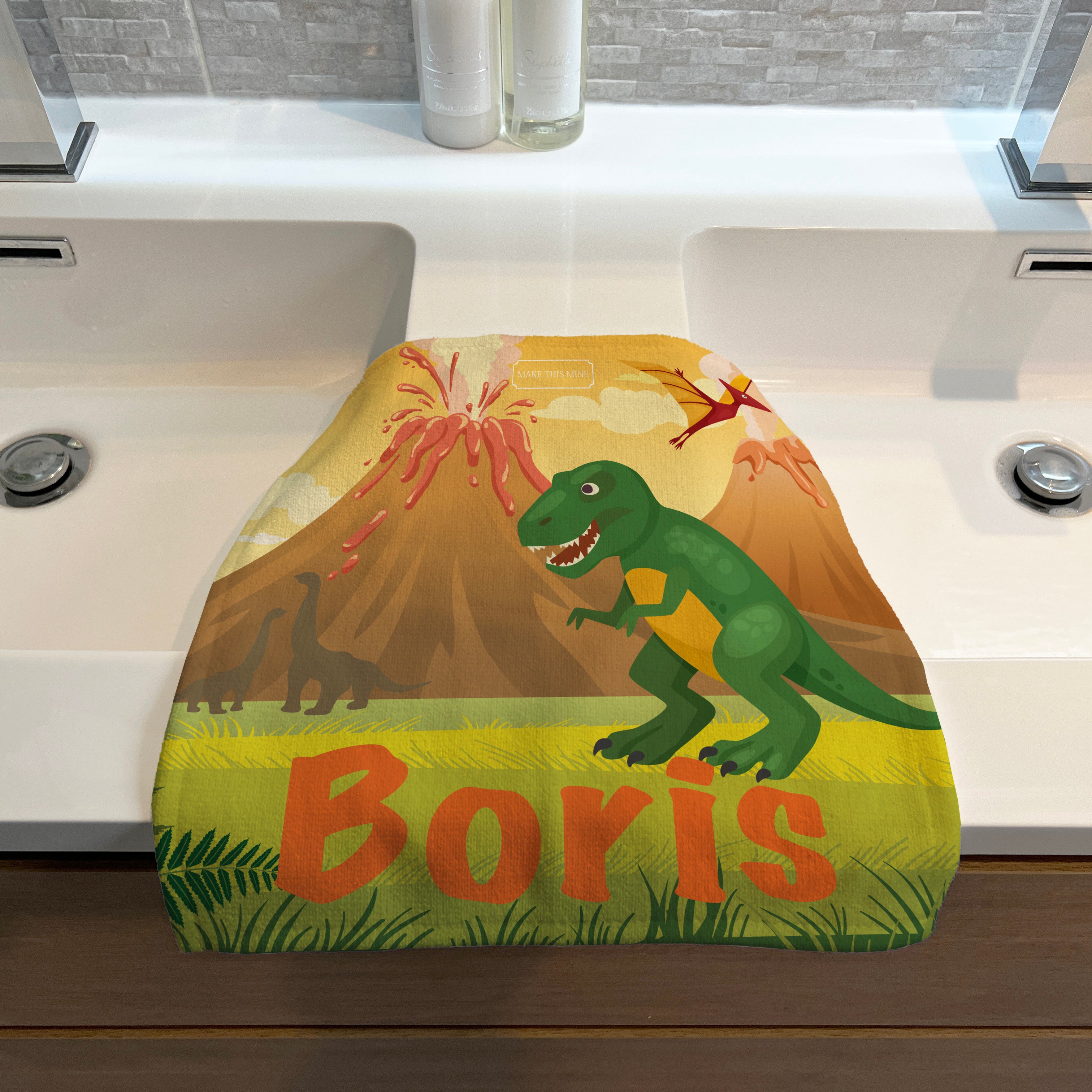 Personalised Children's Towel & Face Cloth Pack - Dinosaur Volcano