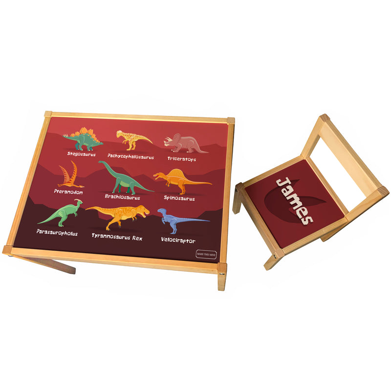 Personalised Children's Ikea LATT Wooden Table and 1 Chair Educational Dinosaur Names