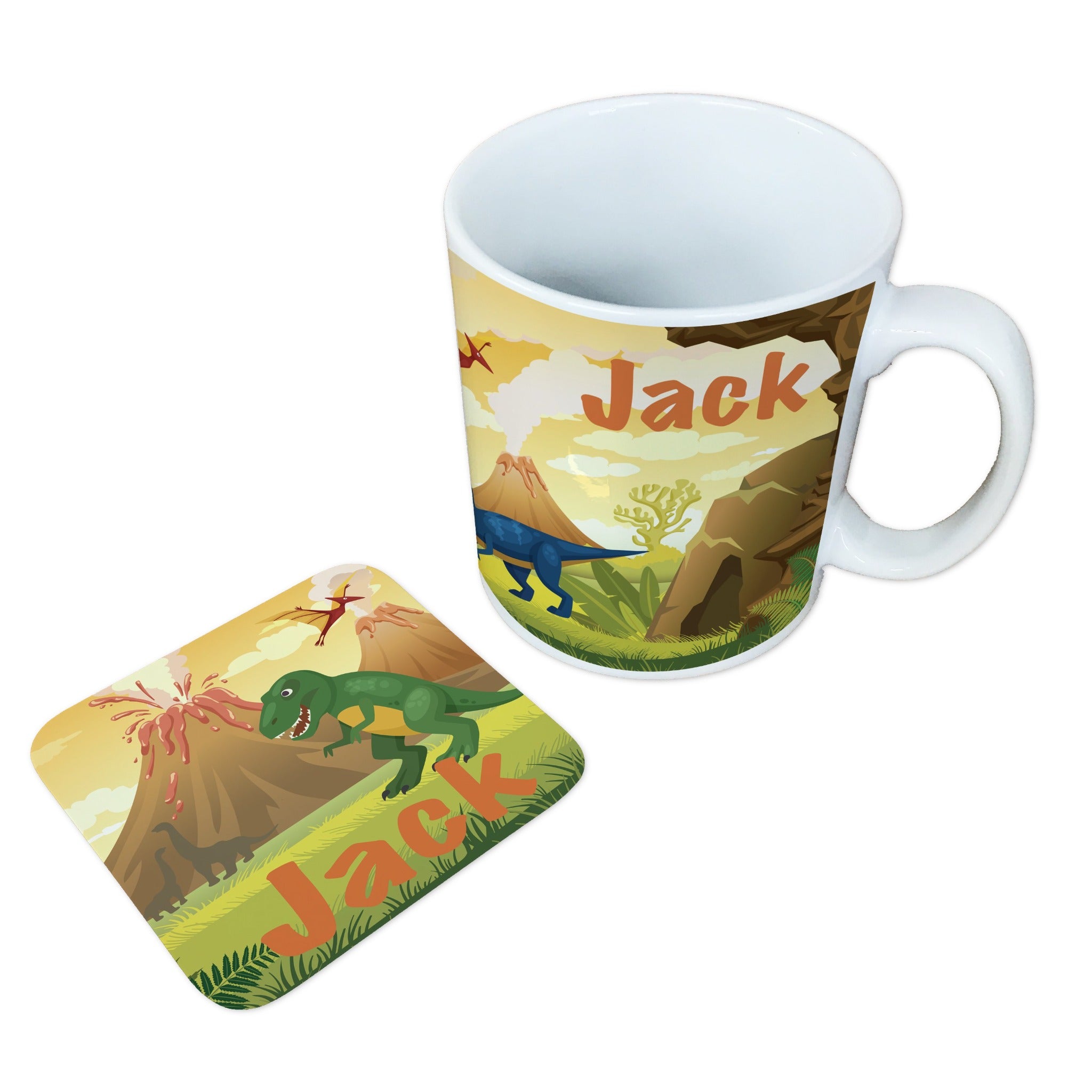 Personalised Children's Mug & Coaster Set - Dinosaur Volcano