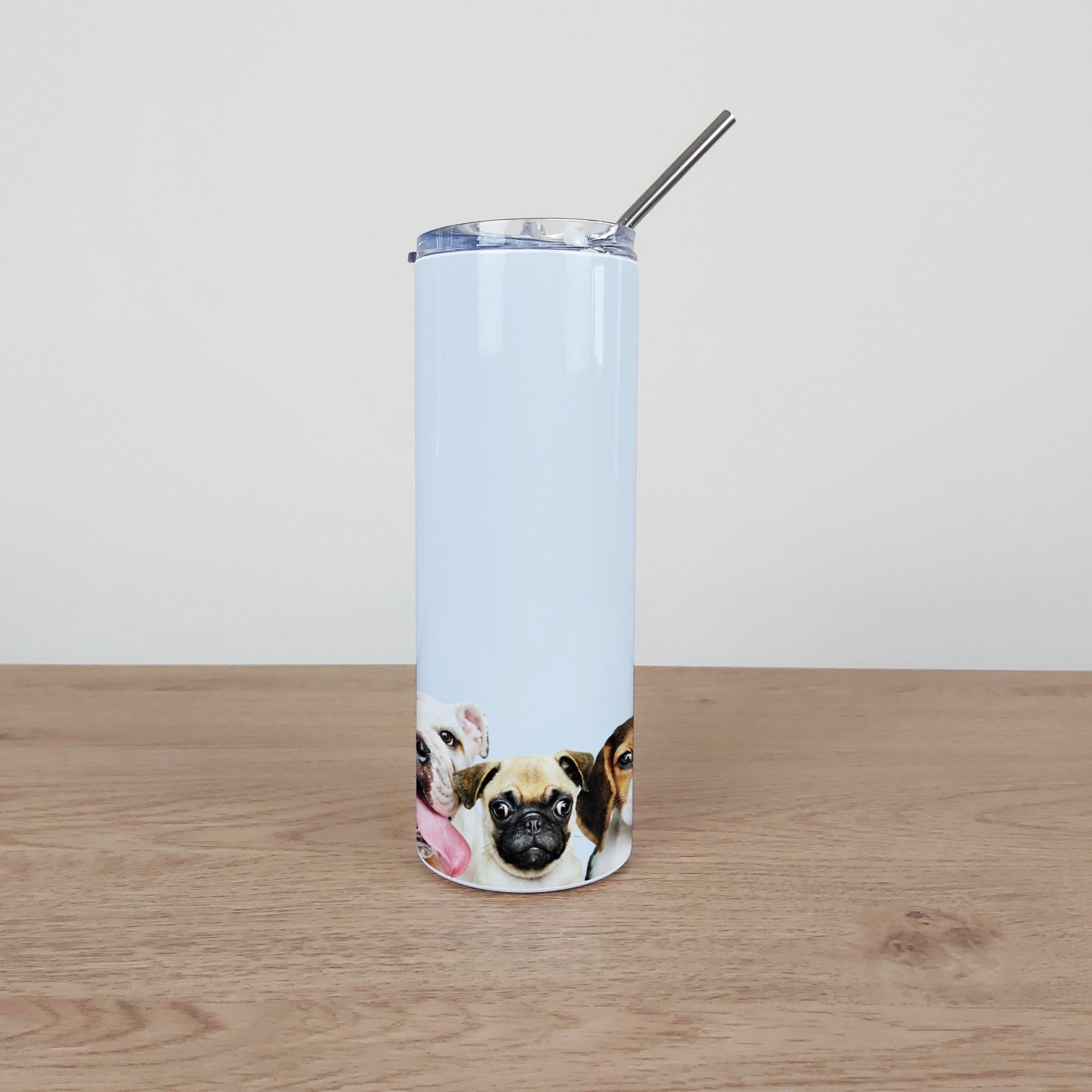 Stainless Steel Skinny Tumbler & Straw with Cute Dogs Pet Design