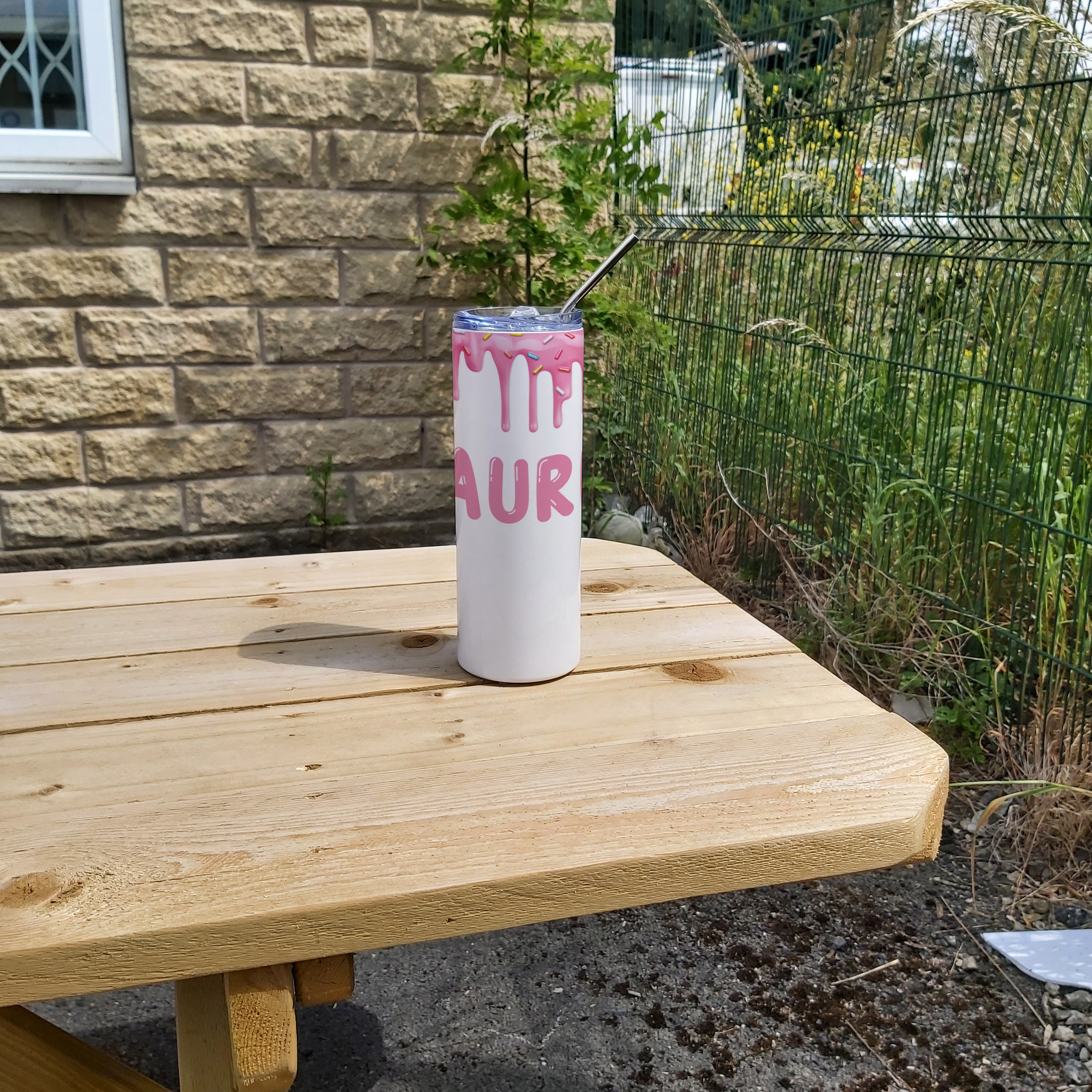 Personalised Stainless Steel Skinny Tumbler & Straw with Donut Icing Design