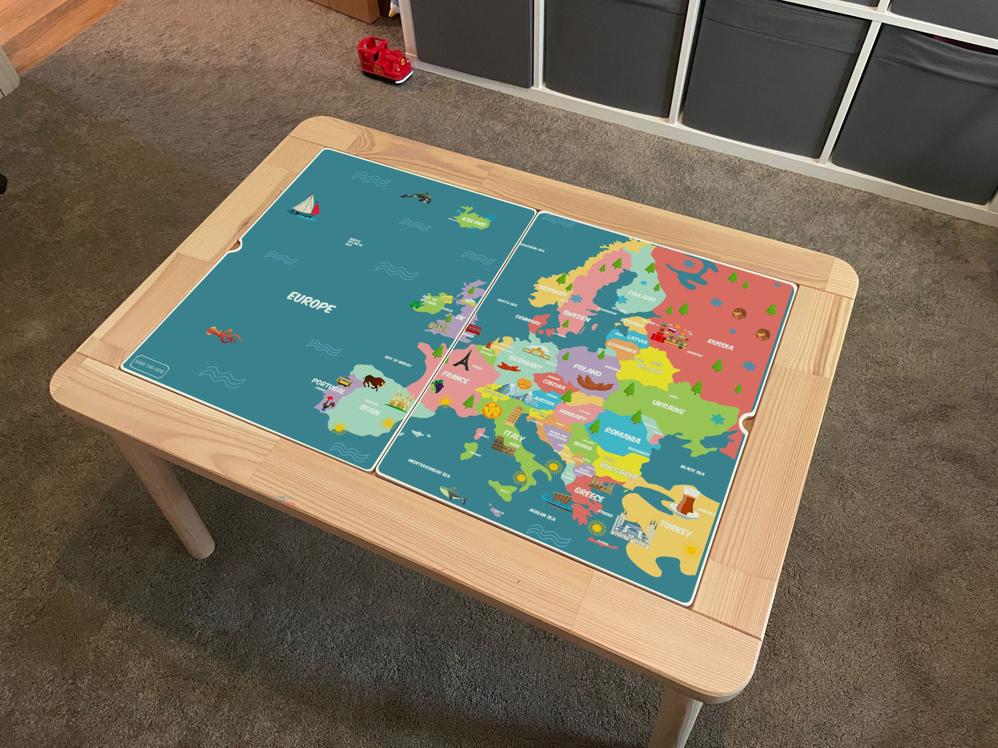 Kids Europe Map Table Top STICKER ONLY Compatible with IKEA Flisat Tables