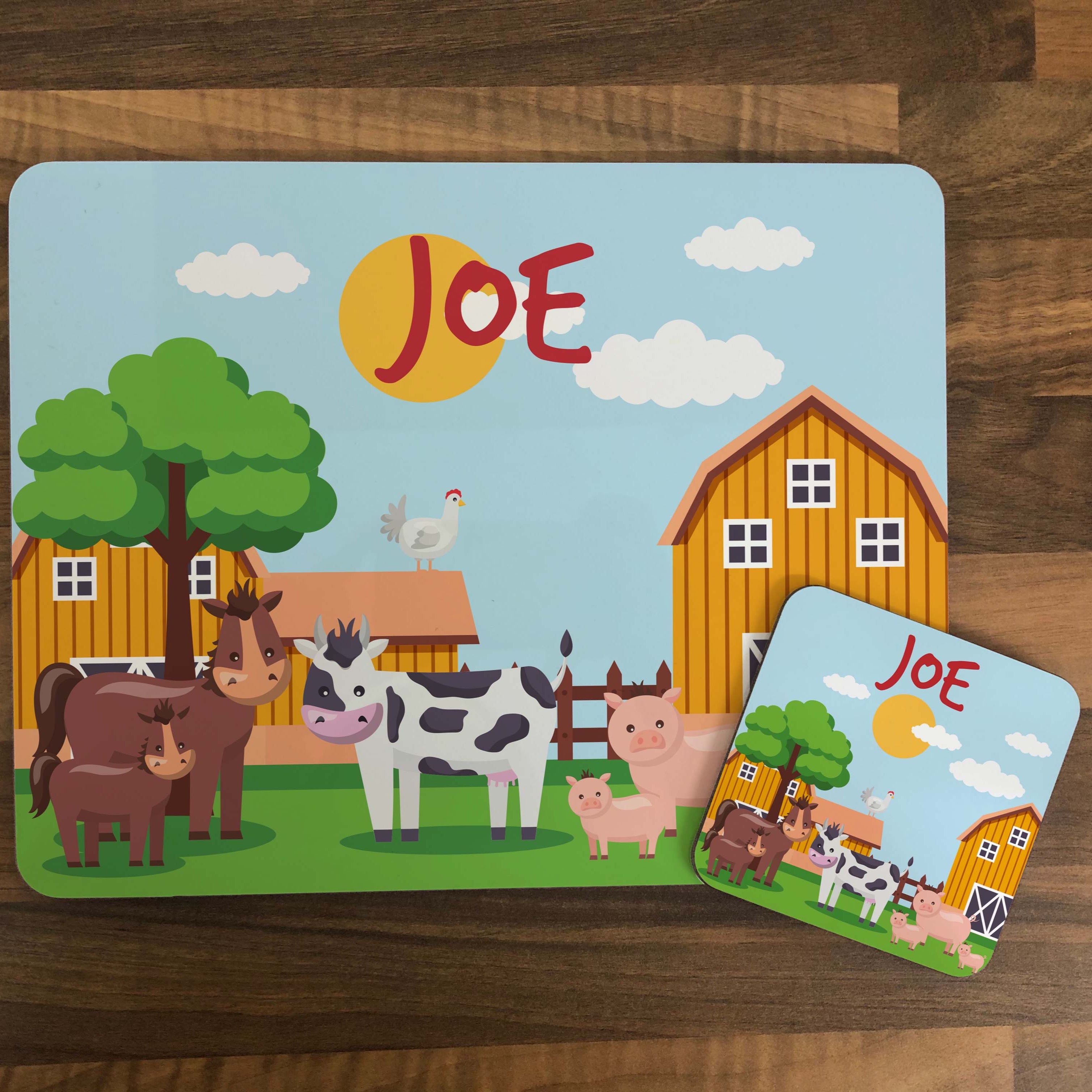 Personalised Kids Hardboard Placemat and Coaster Set Farm Design