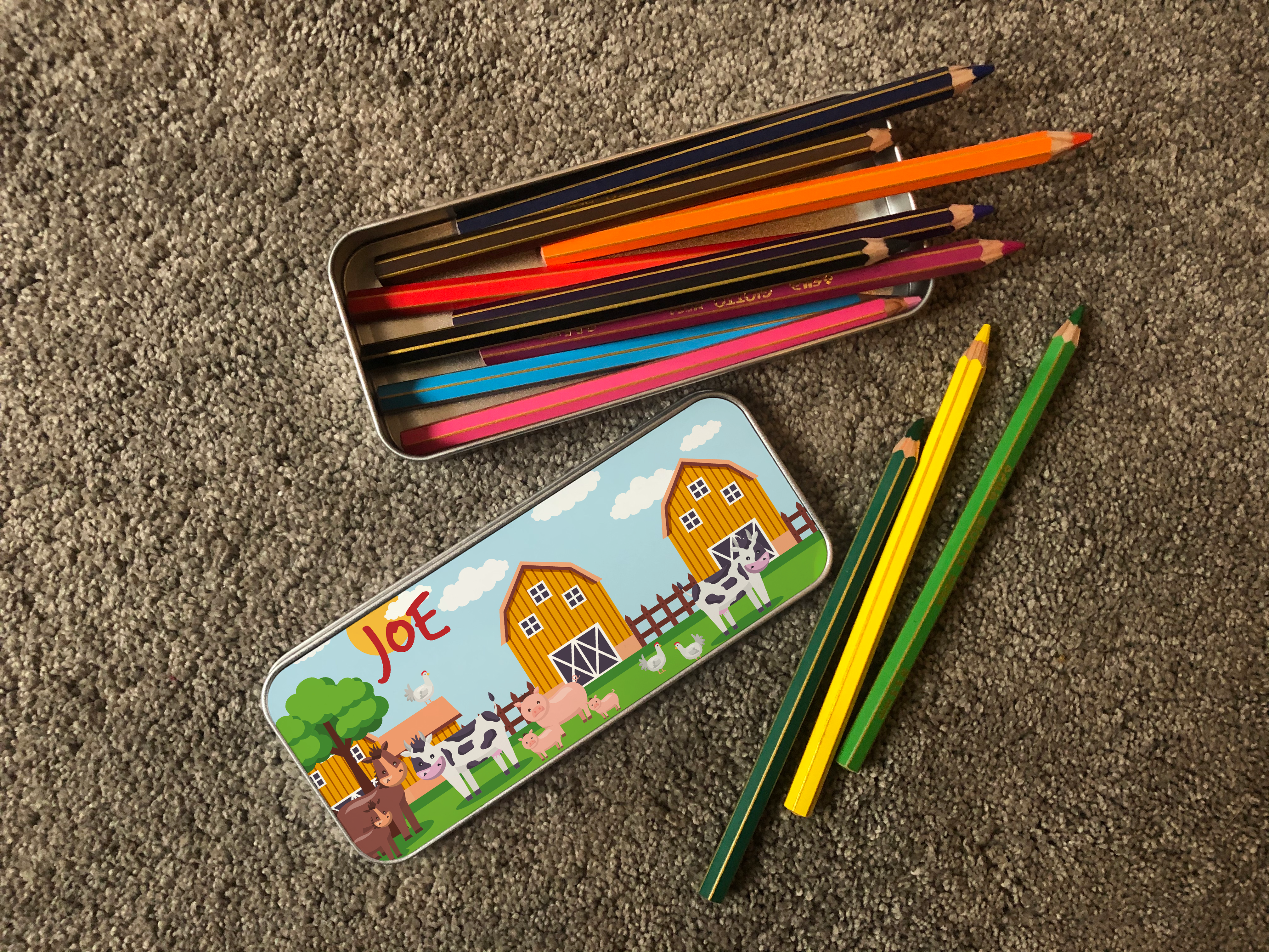 Personalised Children's Pencil Tin with Printed Farm Design