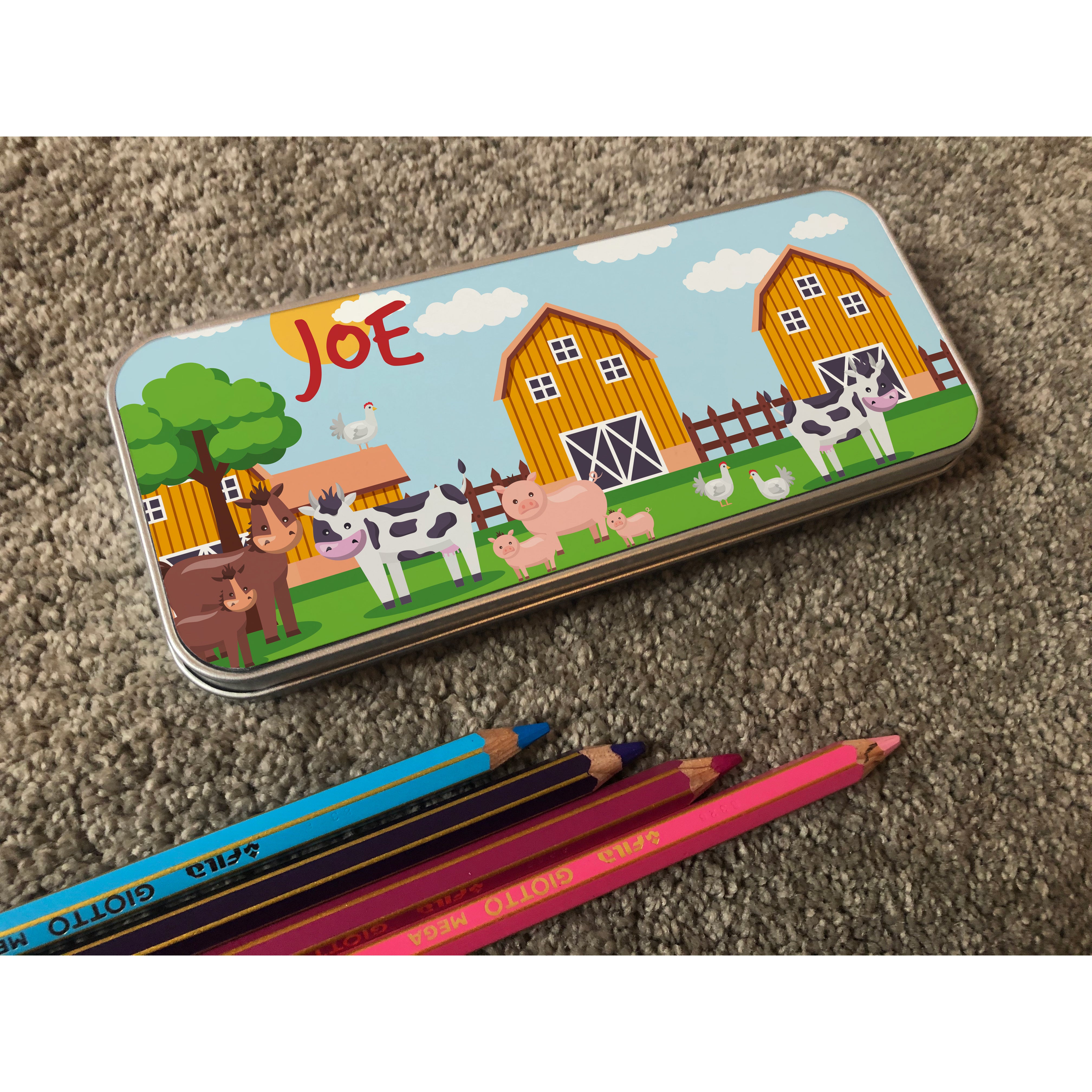 Personalised Children's Pencil Tin with Printed Farm Design