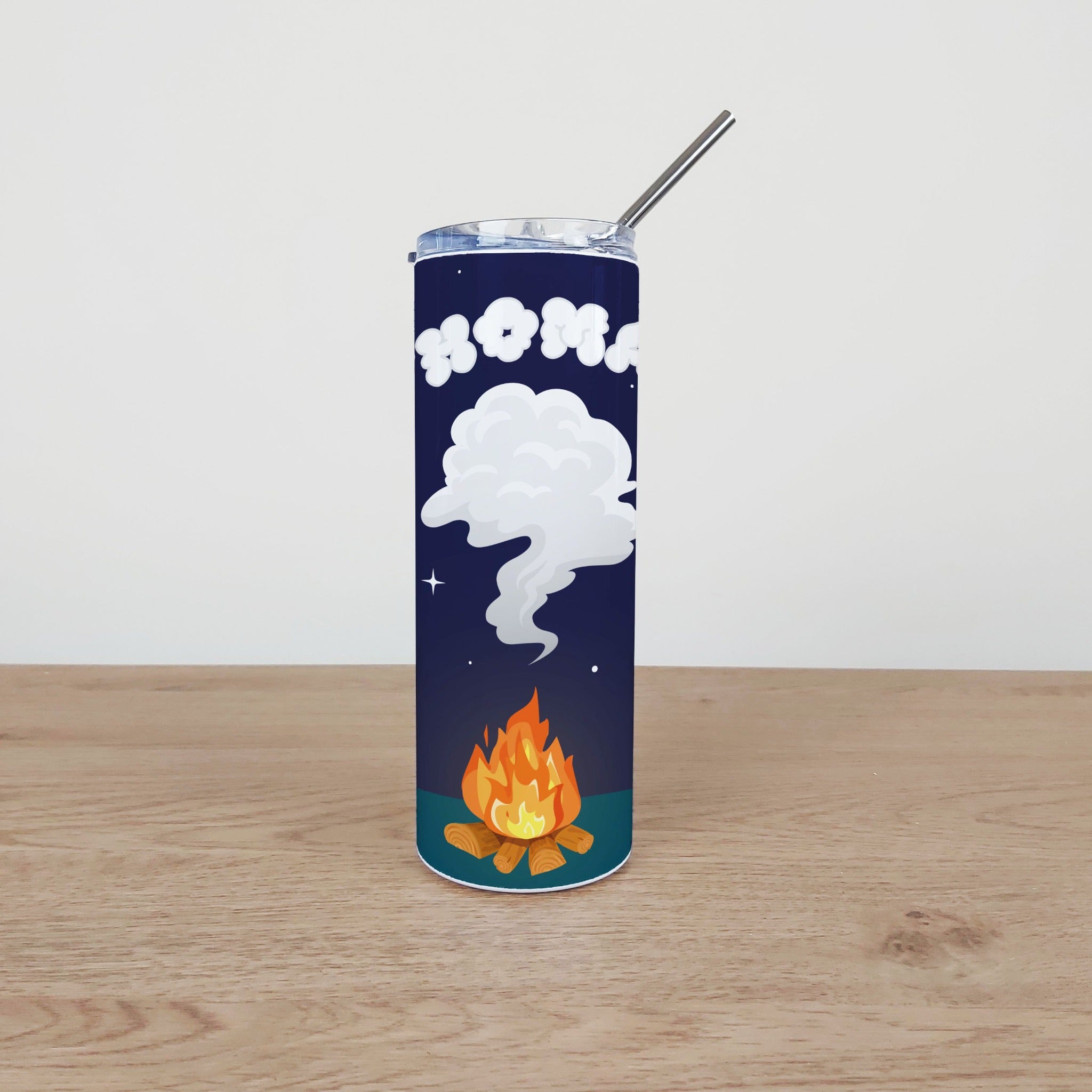 Personalised Stainless Steel Skinny Tumbler & Straw with Campfire Design