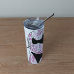Personalised Stainless Steel Skinny Tumbler & Straw with Pink Flower Tattoo Body Design