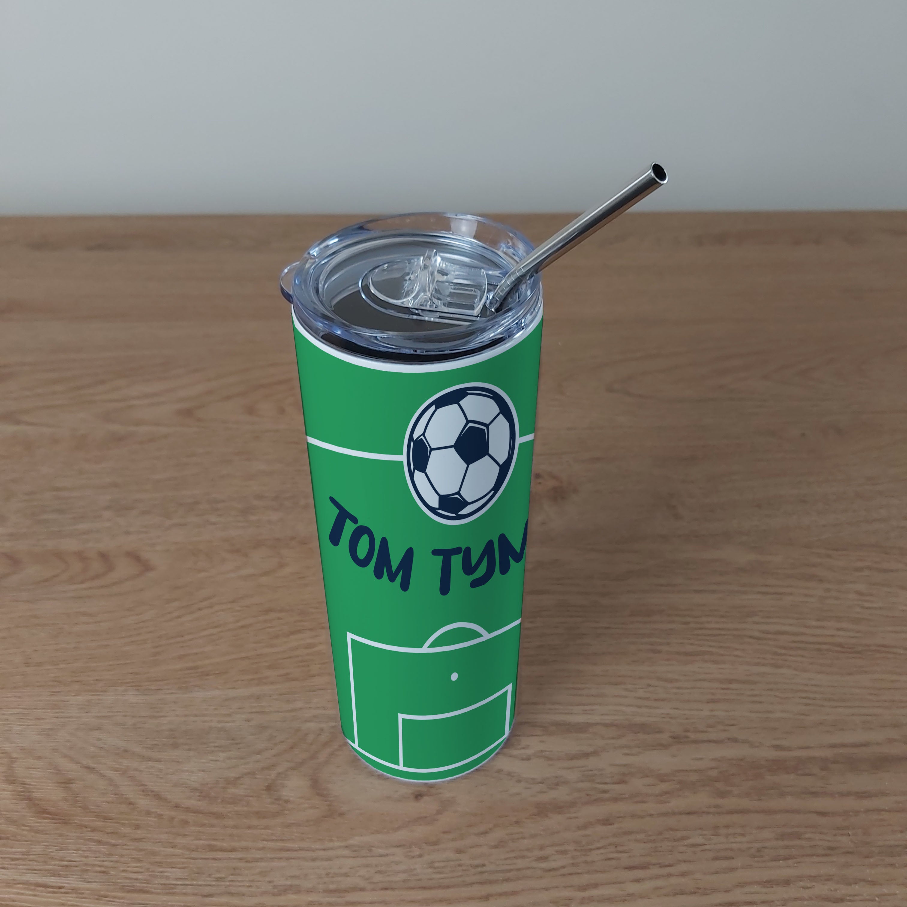 Personalised Stainless Steel Skinny Tumbler & Straw with Football Pitch Design