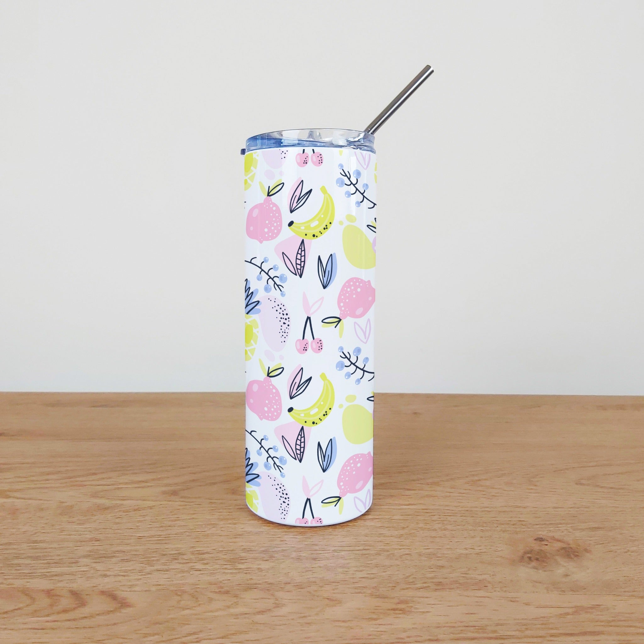 Stainless Steel Skinny Tumbler & Straw with Colourful Fruit Pattern Design