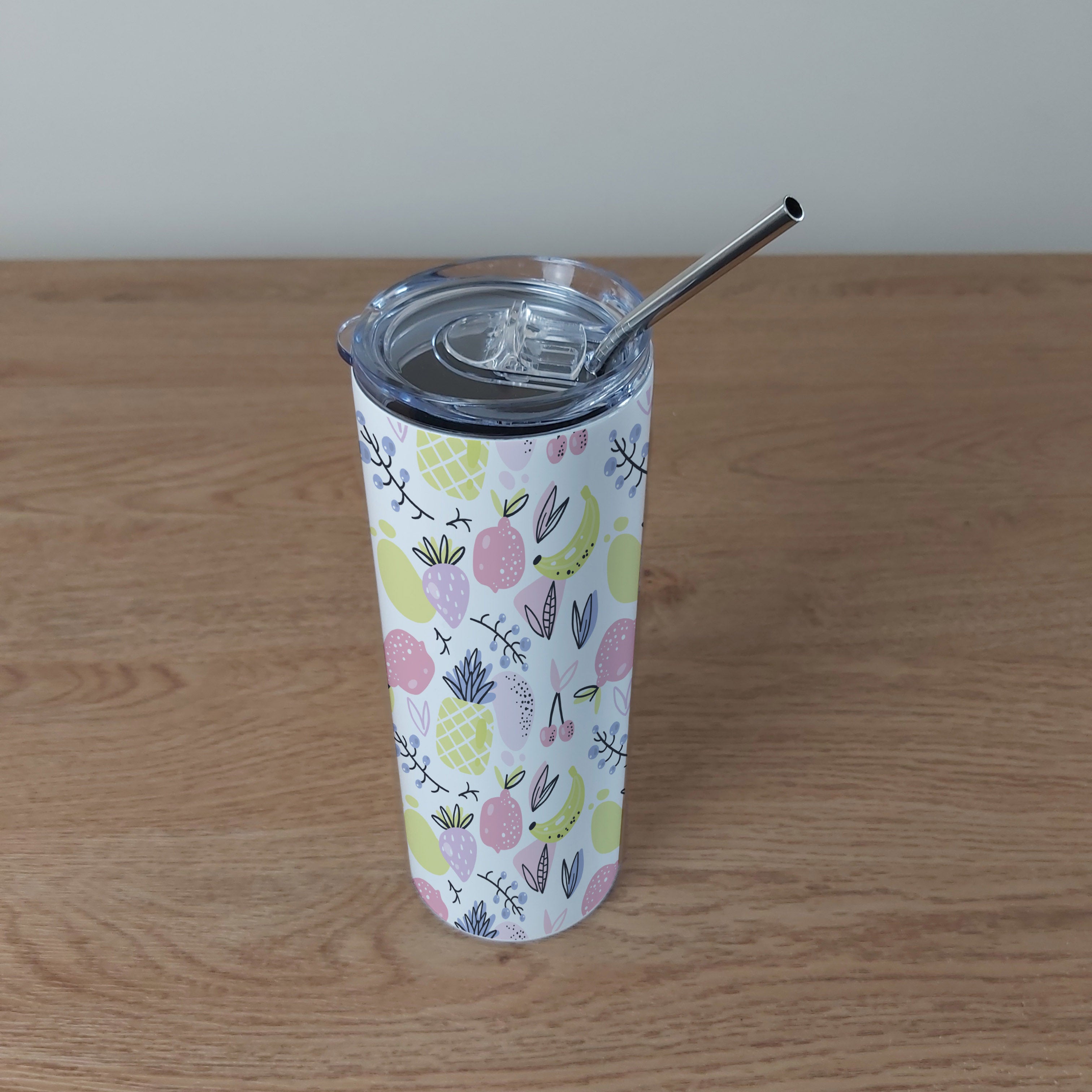 Stainless Steel Skinny Tumbler & Straw with Colourful Fruit Pattern Design