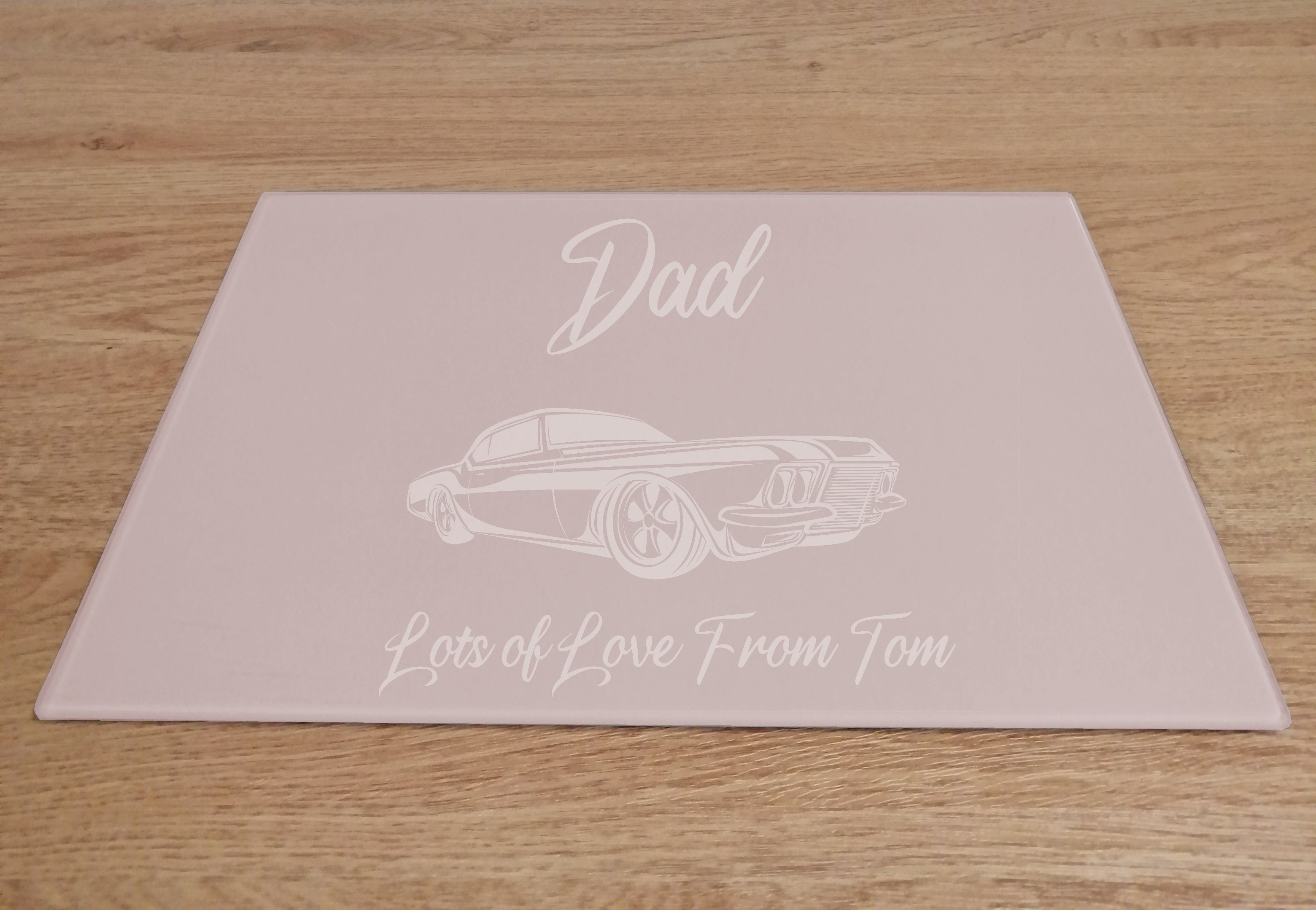 Personalised Dad With Sports Car Pink Glass Worktop Saver