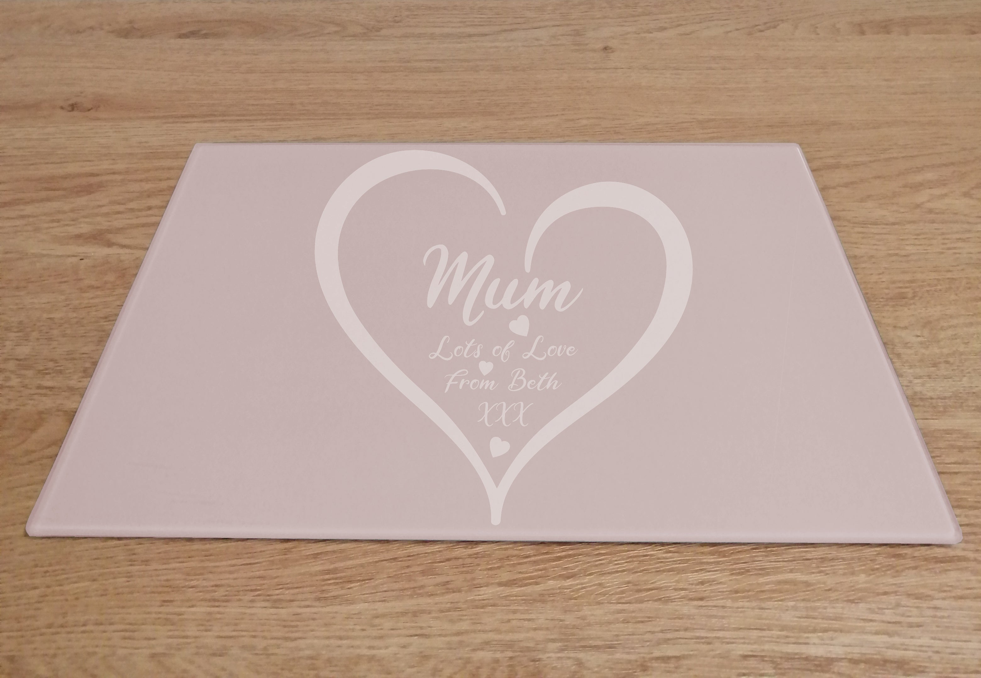 Personalised Mum With Love Heart Pink Glass Worktop Saver