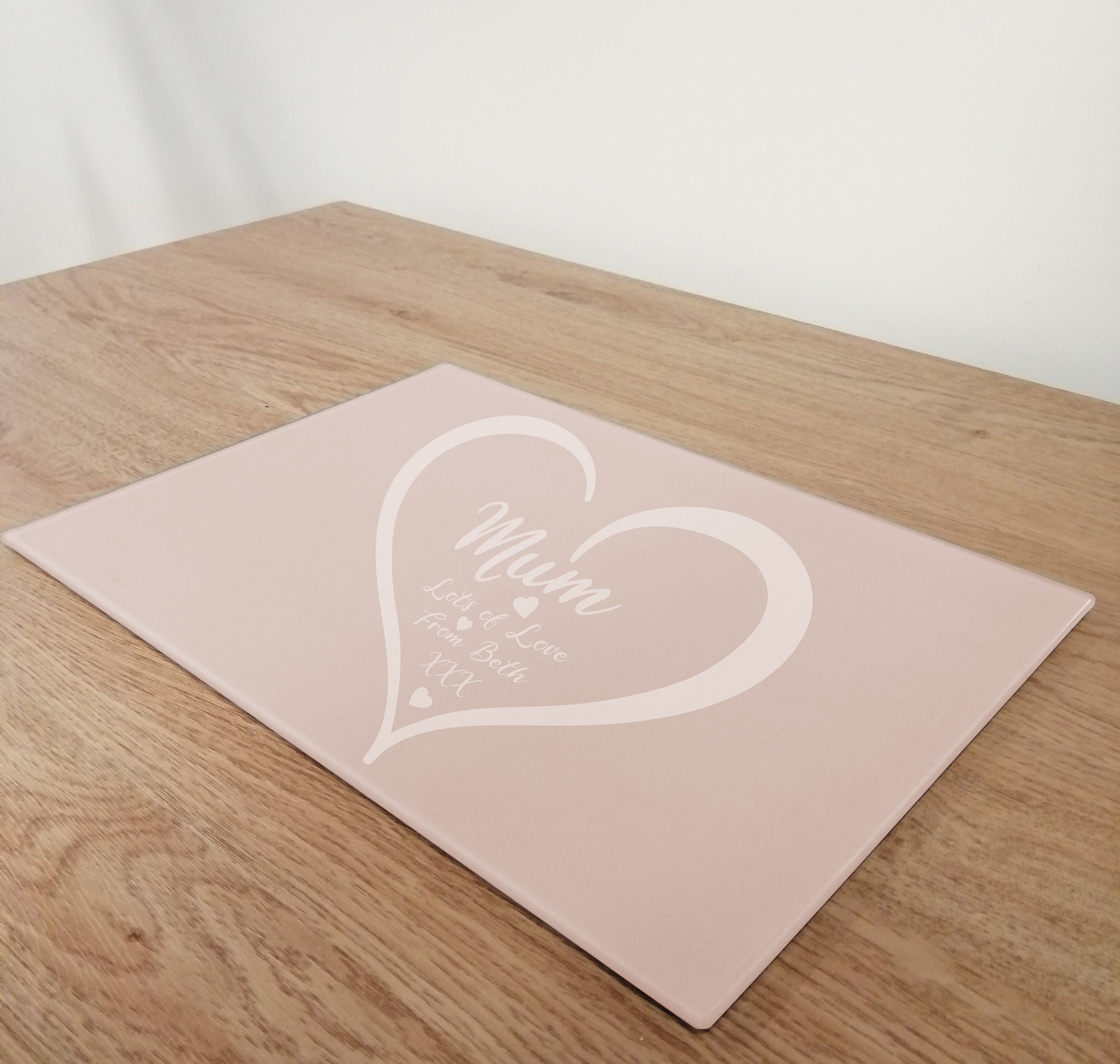 Personalised Mum With Love Heart Pink Glass Worktop Saver