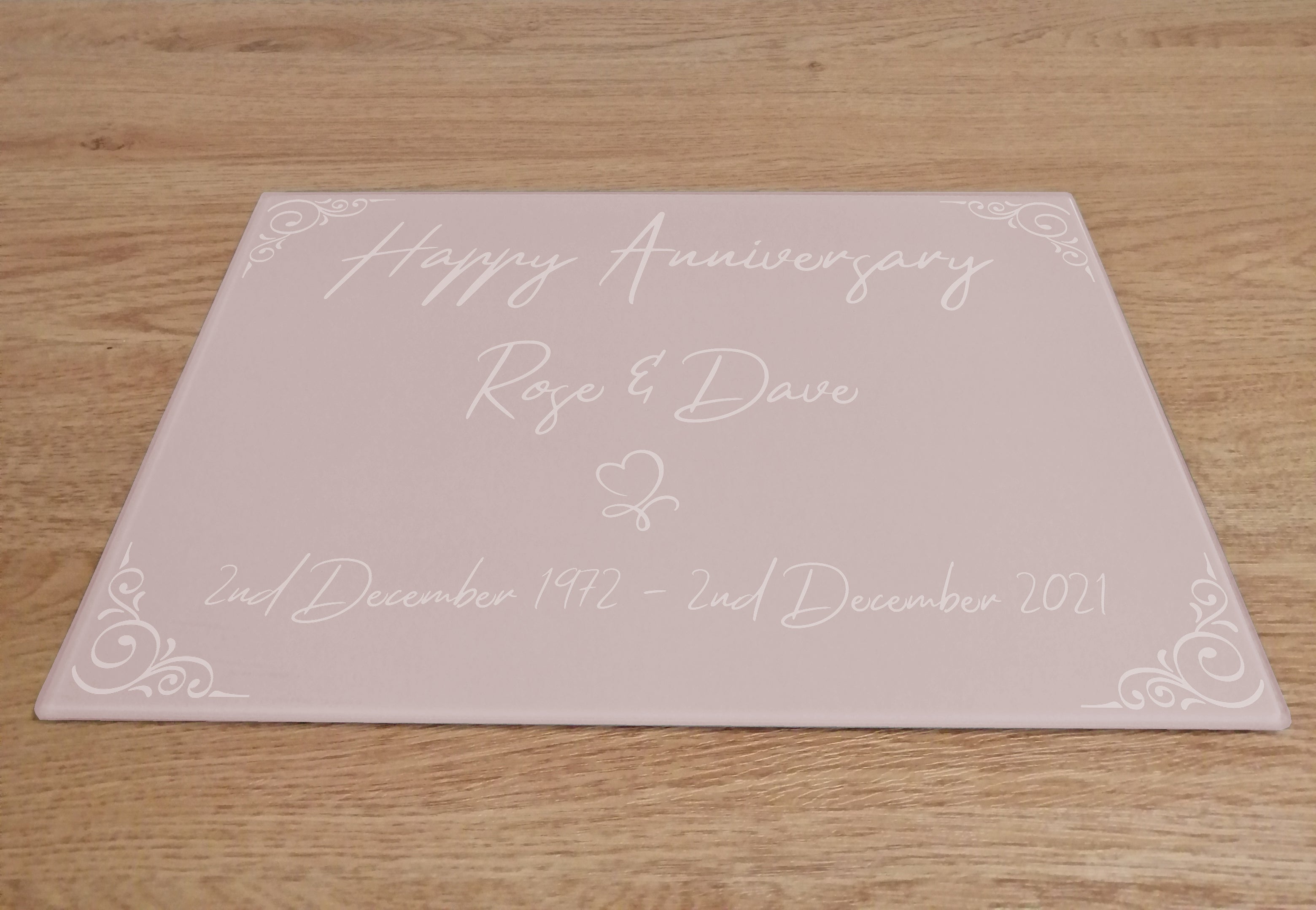 Personalised Happy Anniversary Pink Glass Worktop Saver