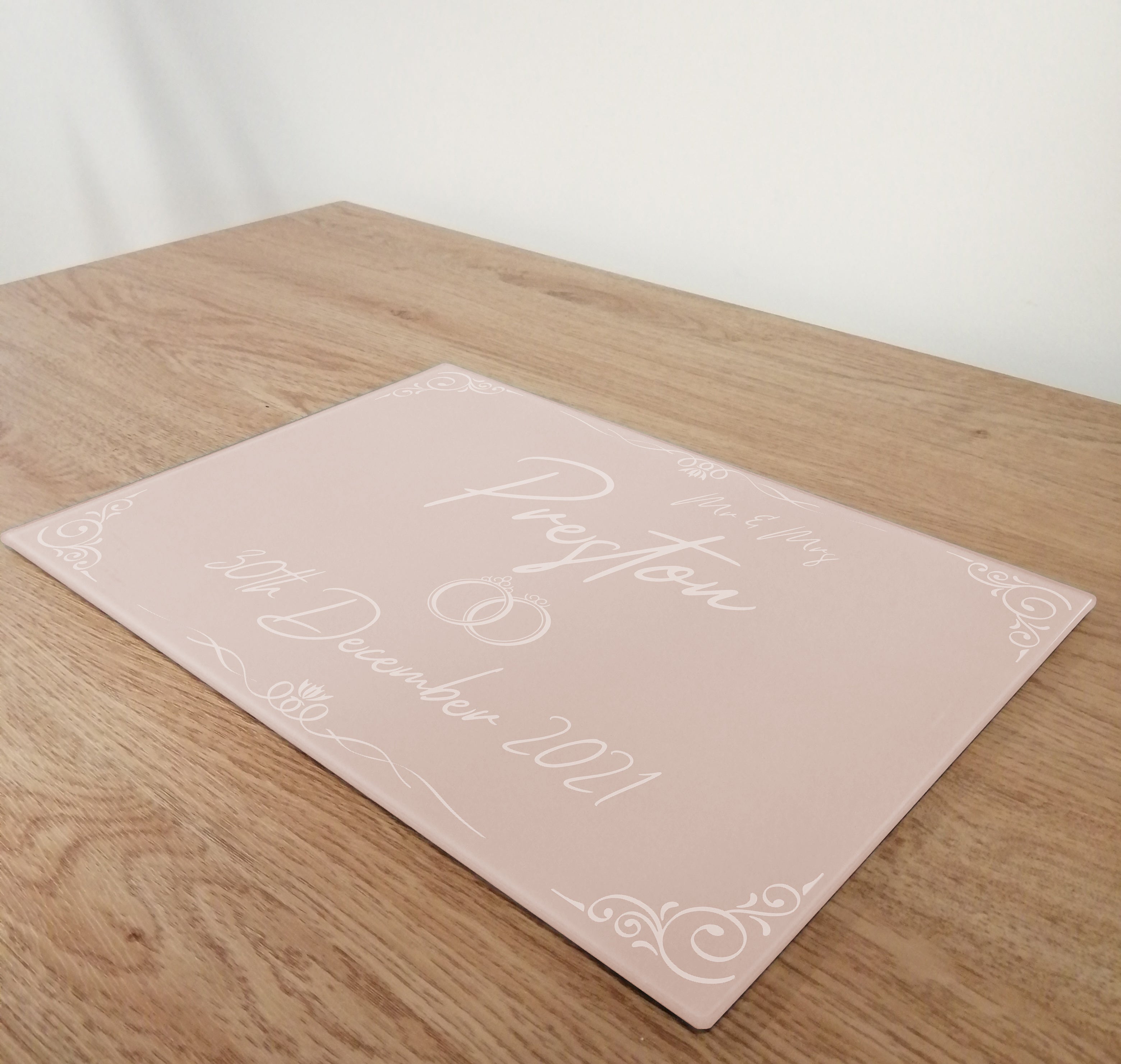 Personalised Wedding Rings Pink Glass Worktop Saver