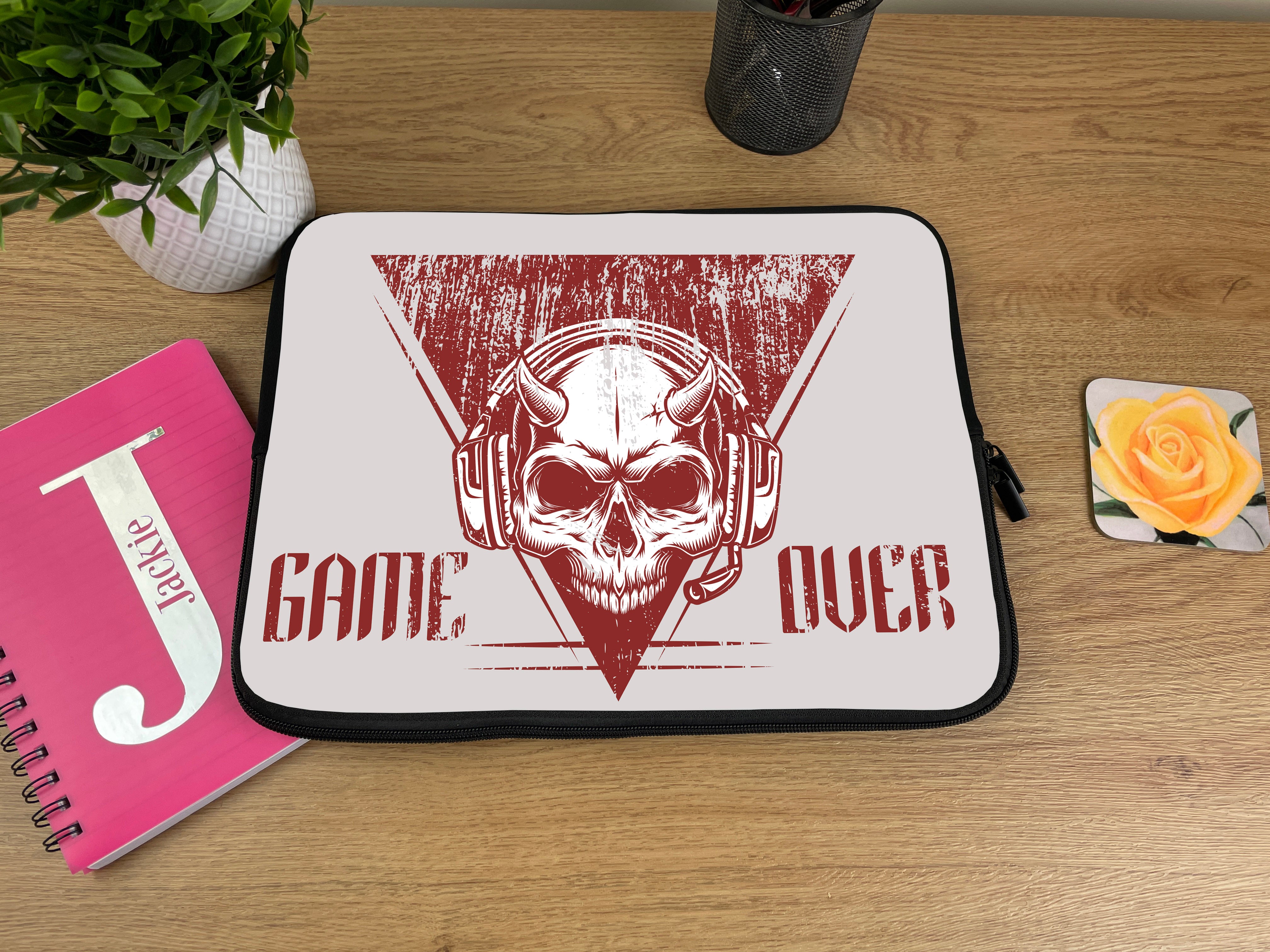 Laptop Sleeve with Red Skull Game Over Design