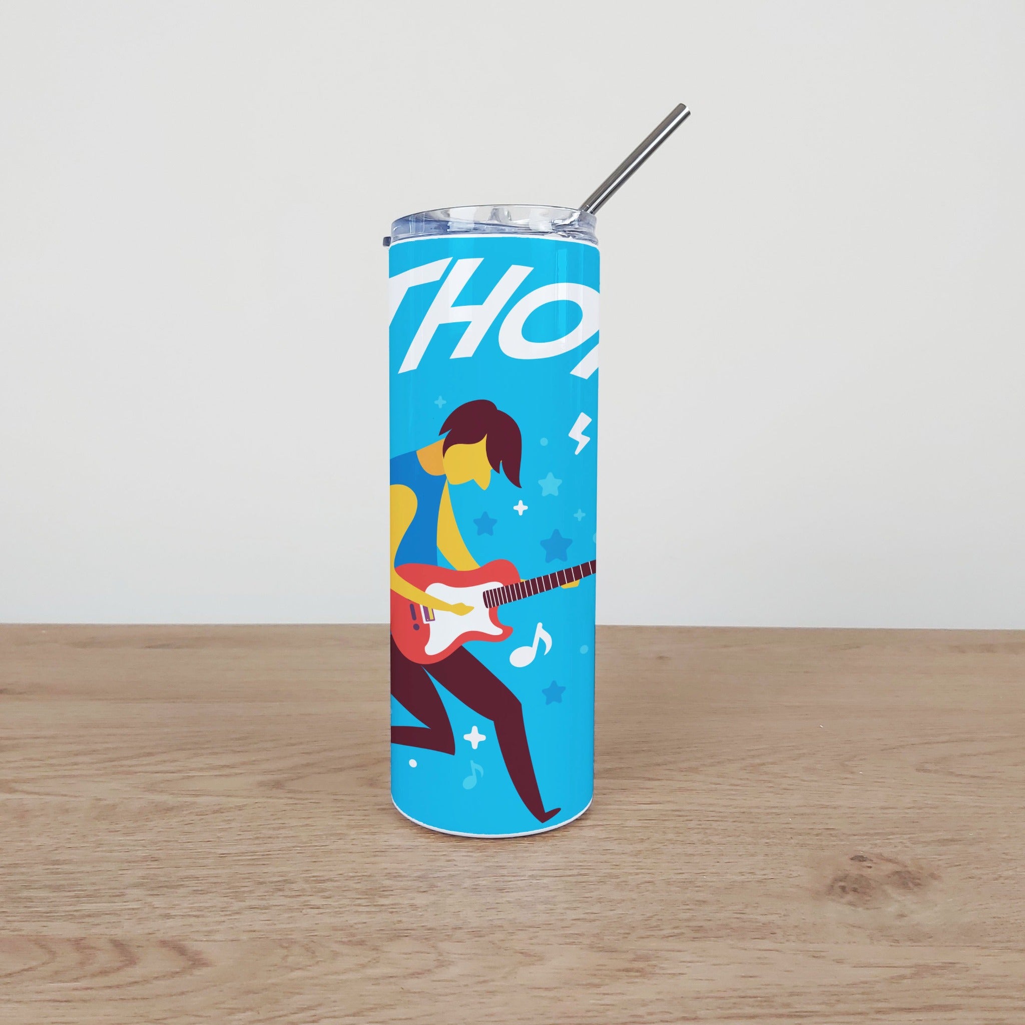 Personalised Stainless Steel Skinny Tumbler & Straw with Electric Guitar Design