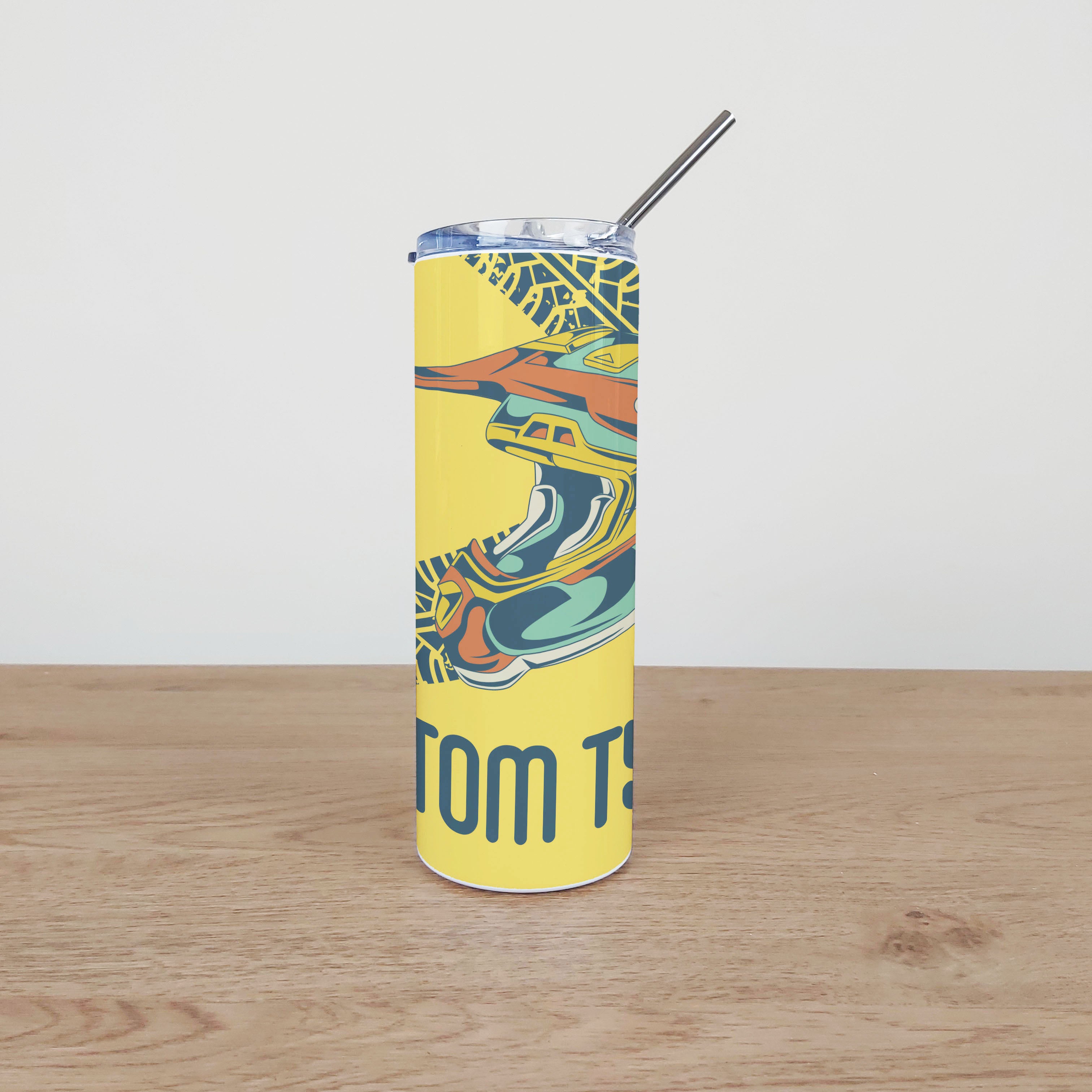 Personalised Stainless Steel Skinny Tumbler & Straw with Motorbike Helmet Design