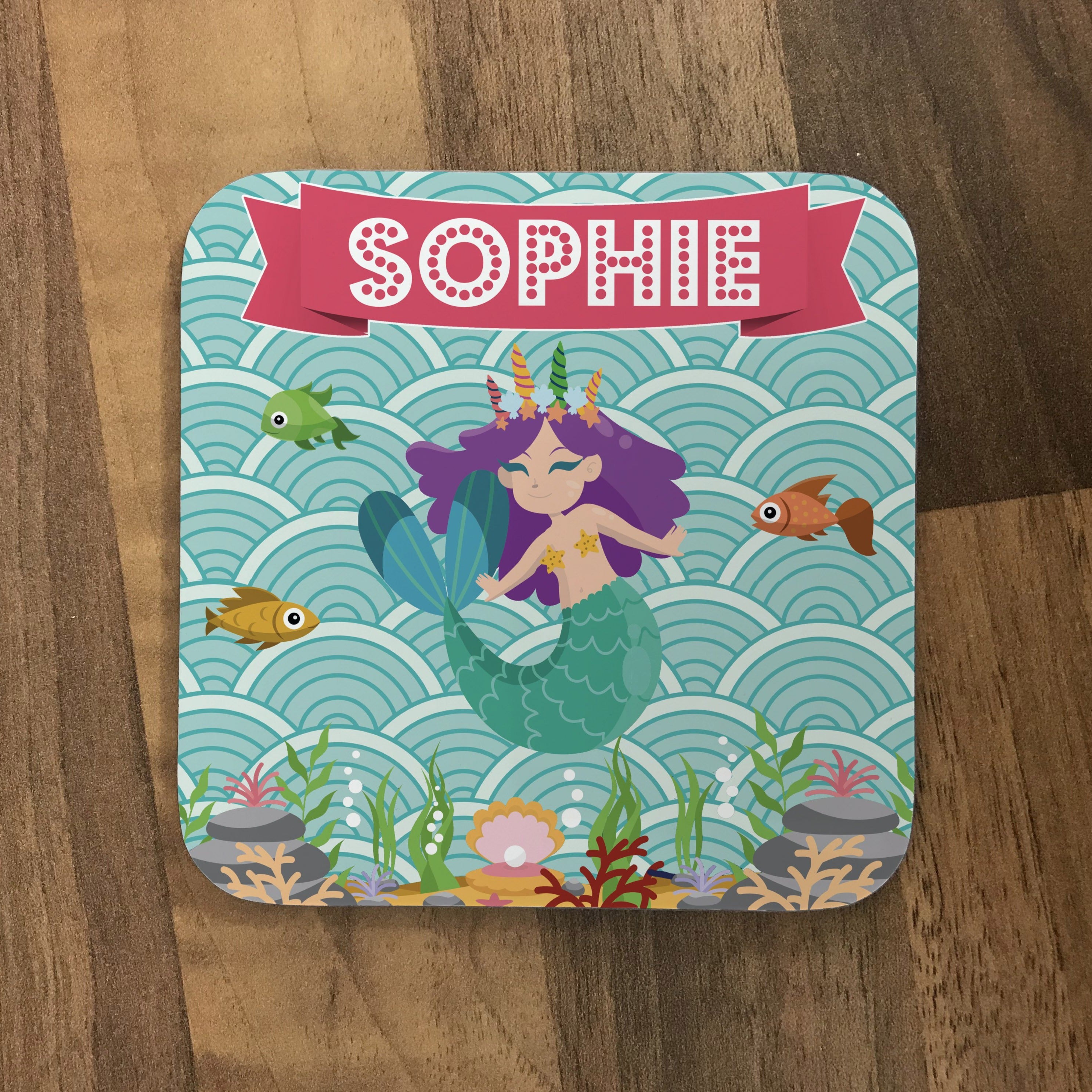 Personalised Kids Hardboard Placemat and Coaster Set Mermaid Design